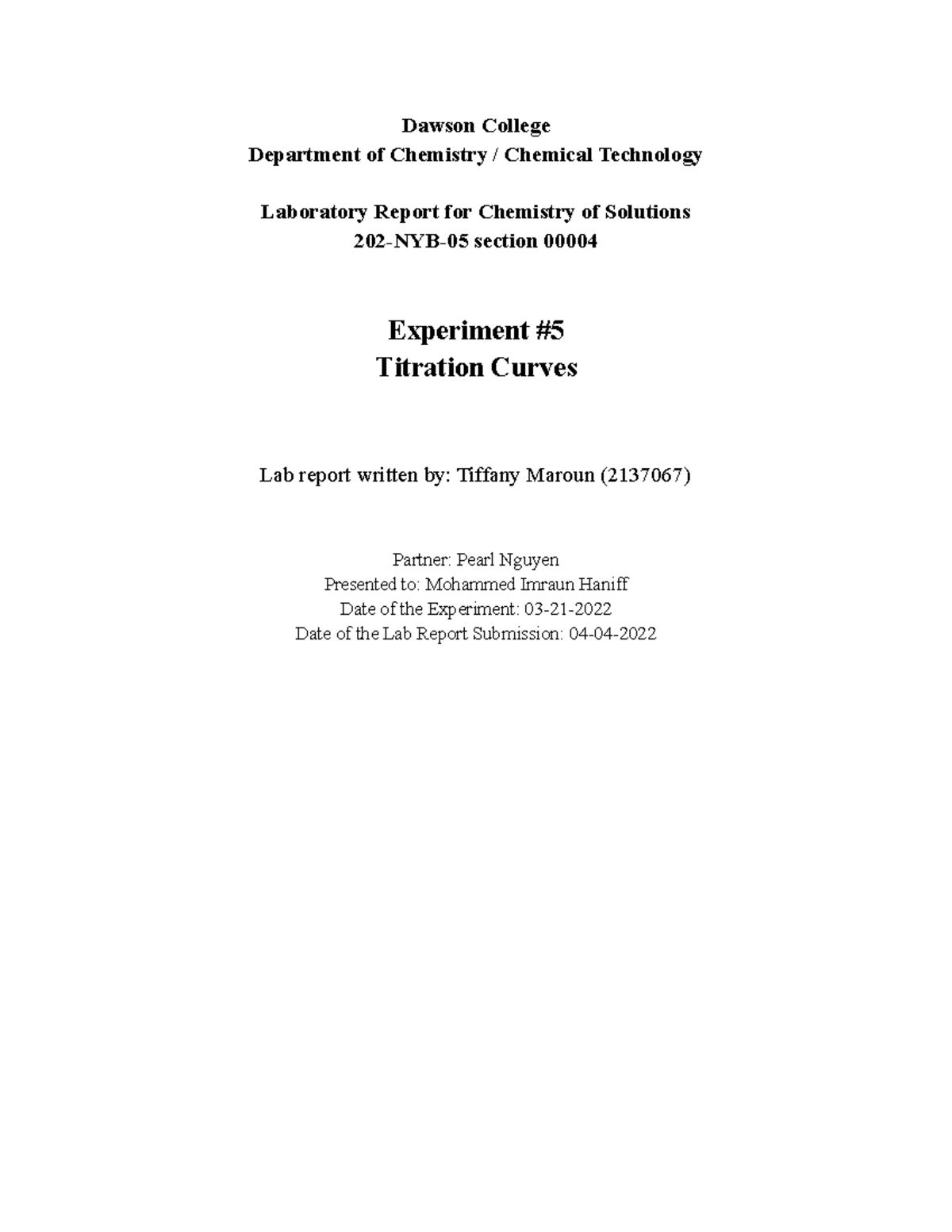 Titration curve Lab 202NYB05 Dawson College Department of