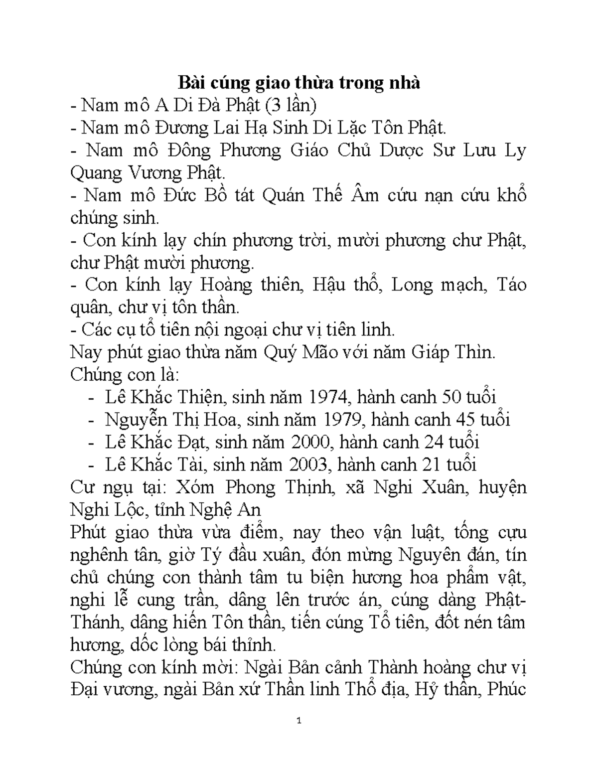 Bài cúng giao thừa trong nhà Bài cúng giao thừa trong nhà Nam mô A