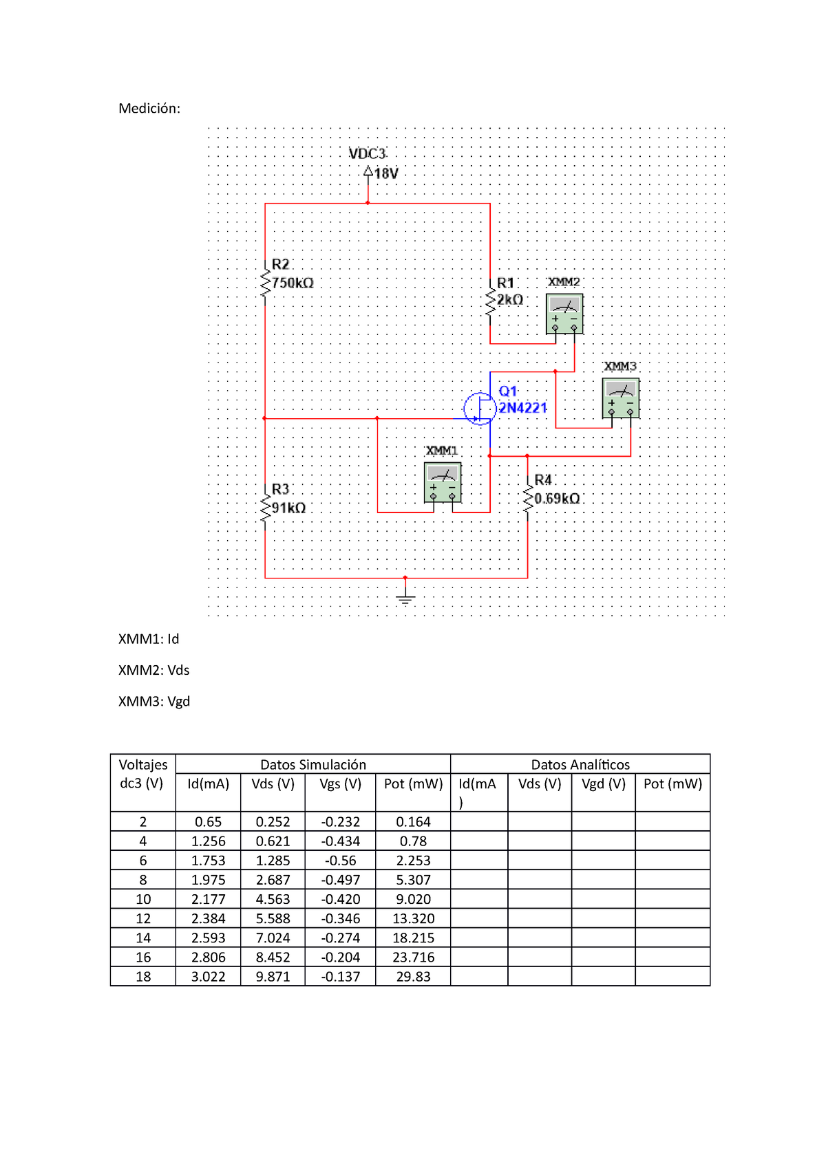 Lab 4, Circuito B R - Electronica Digital - Medición: XMM1: Id XMM2 ...