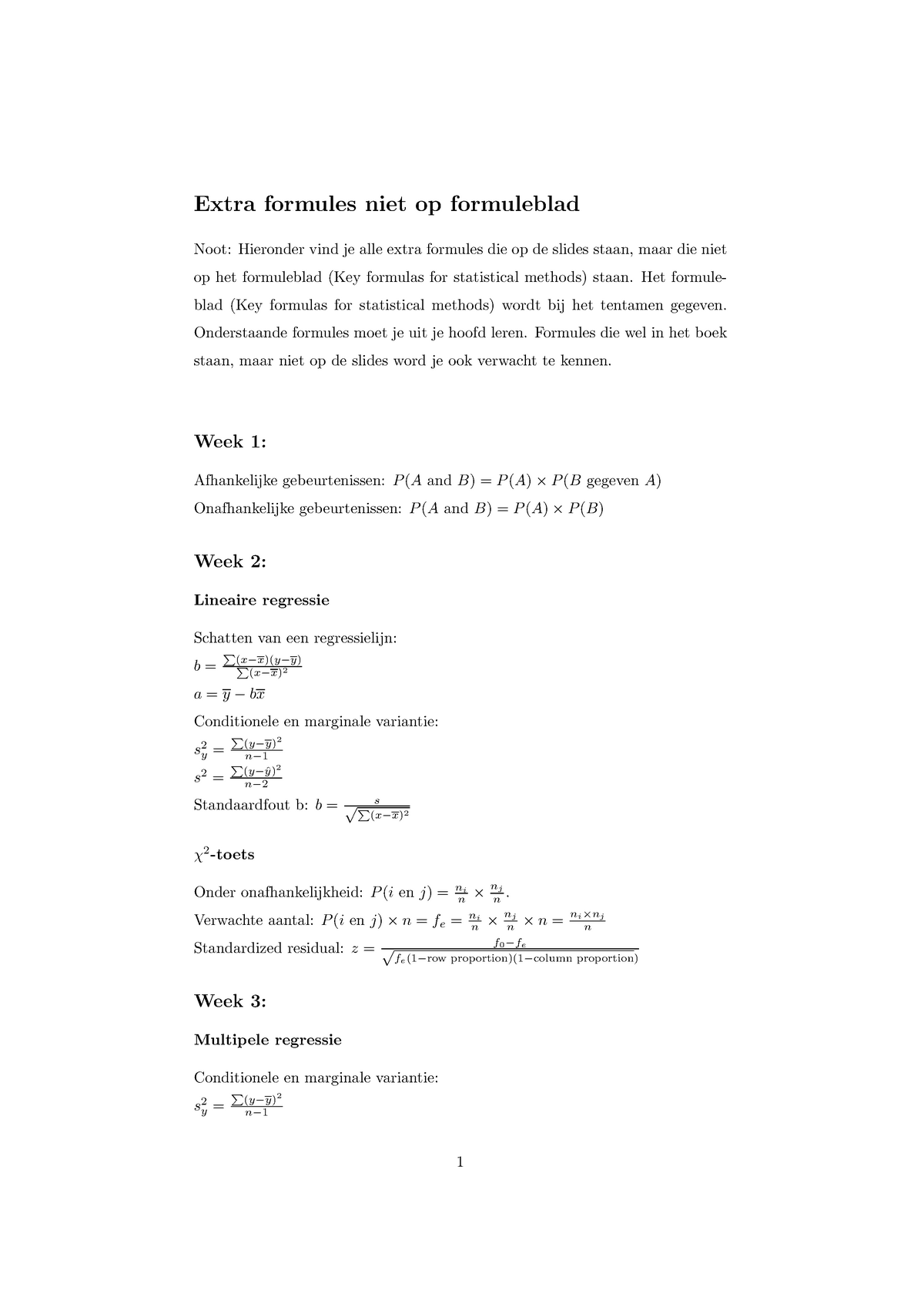 Formuleblad - Extra Formules - Extra Formules Niet Op Formuleblad Noot ...