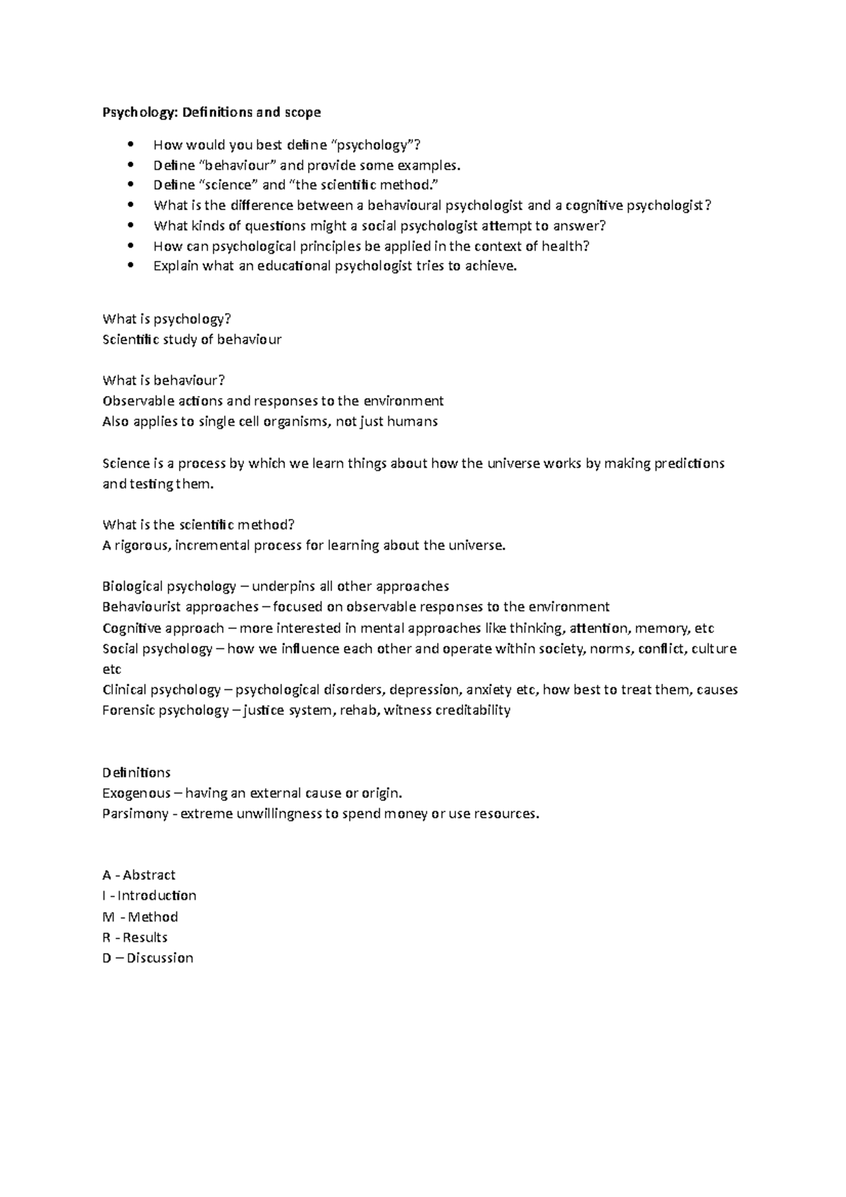 Week 1 - Scope and Definitions - Psychology: Definitions and scope How ...