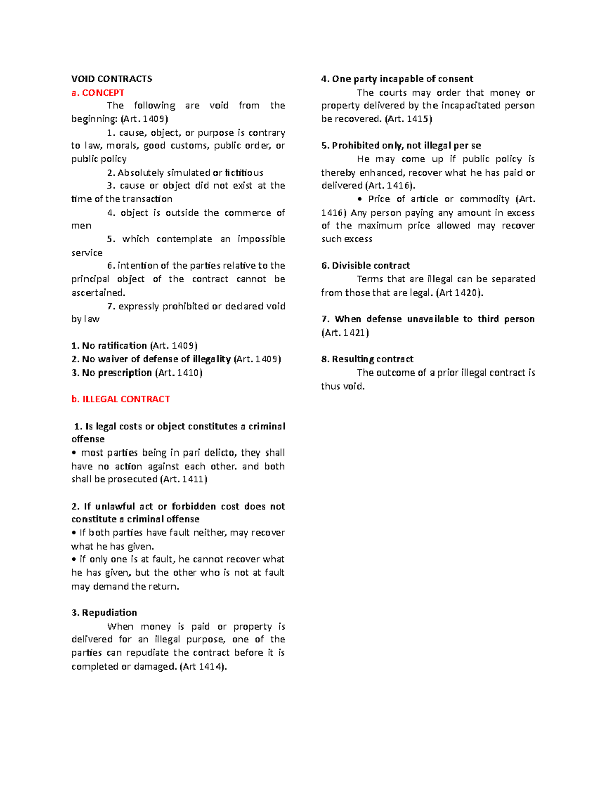 VOID Contracts - VOID CONTRACTS a. CONCEPT The following are void from ...