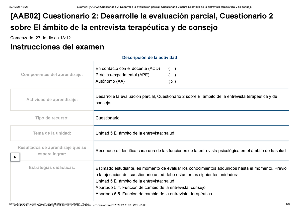 Examen AAB Cuestionario Desarrolle La Evaluaci N Parcial Cuestionario Sobre El Mbito De