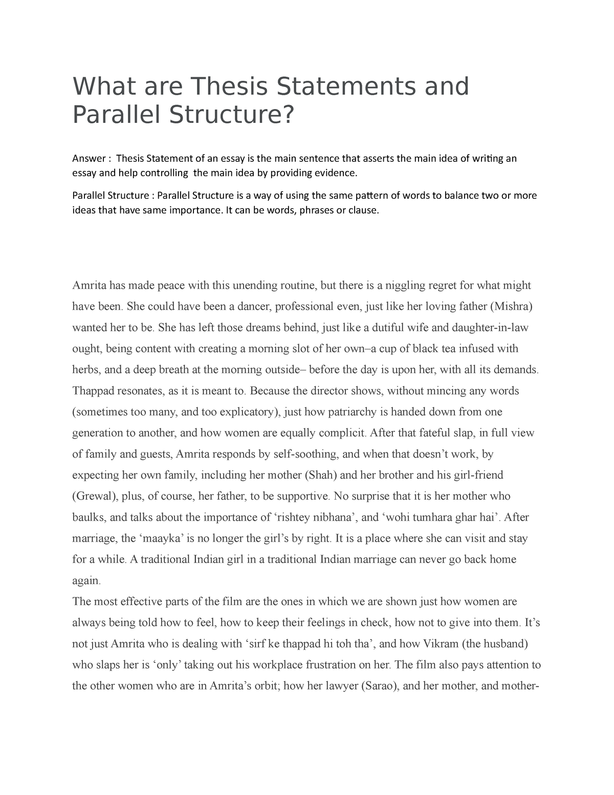 why is it important to construct thesis statements lists etc in parallel structure