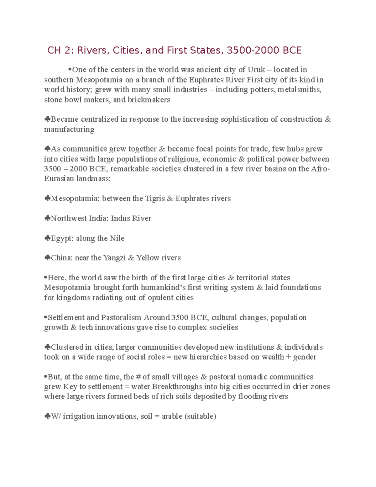 History Chapter 2 Notes - CH 2: Rivers, Cities, and First States, 3500 ...