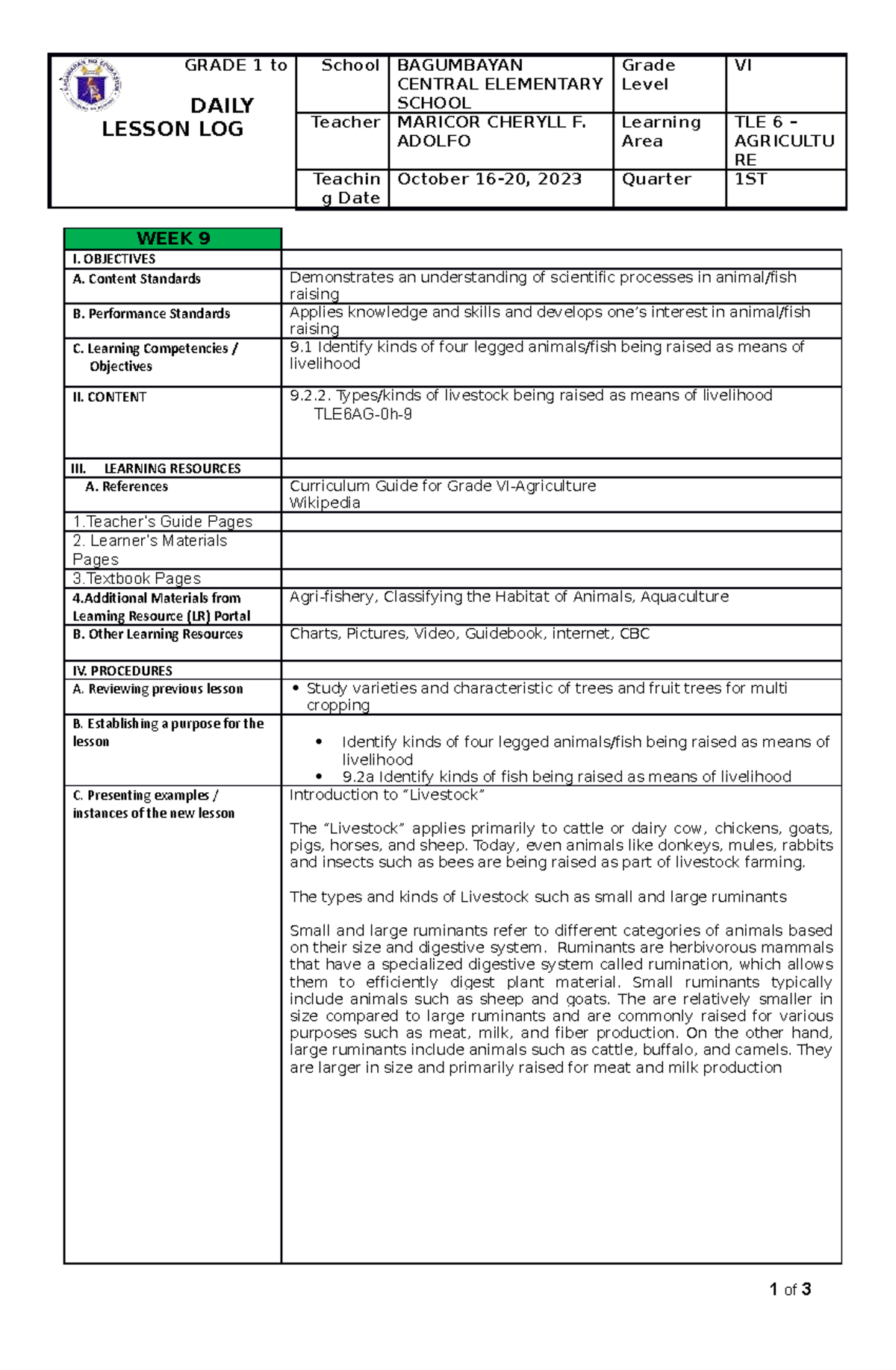 Detailed Lesson PLAN - important for the students - GRADE 1 to 12 DAILY ...