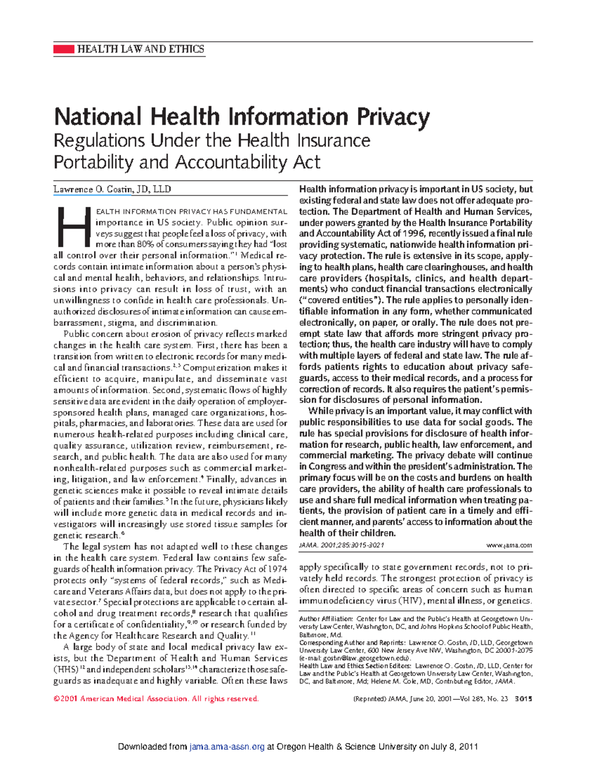National Health Information Privacy HEALTH LAW AND ETHICS National