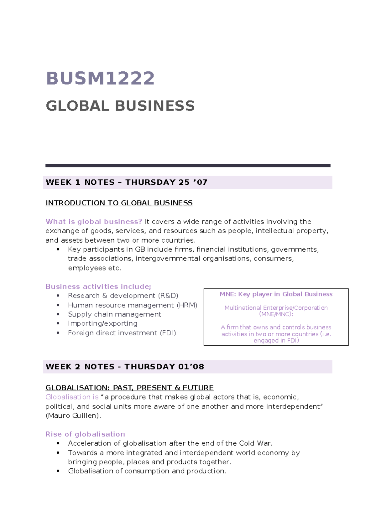 BUSM1222 Weekly Notes - .... - BUSM GLOBAL BUSINESS WEEK 1 NOTES ...