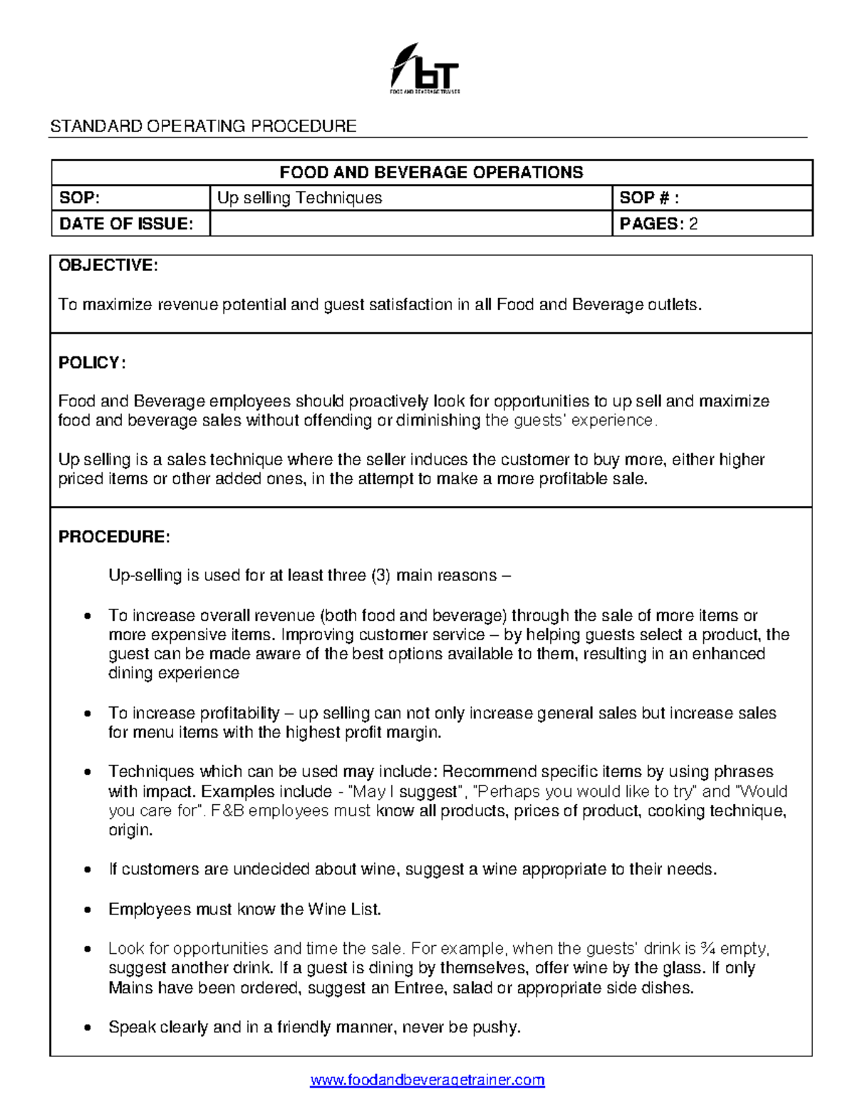 SOP Upselling Food and Beverage Service STANDARD OPERATING