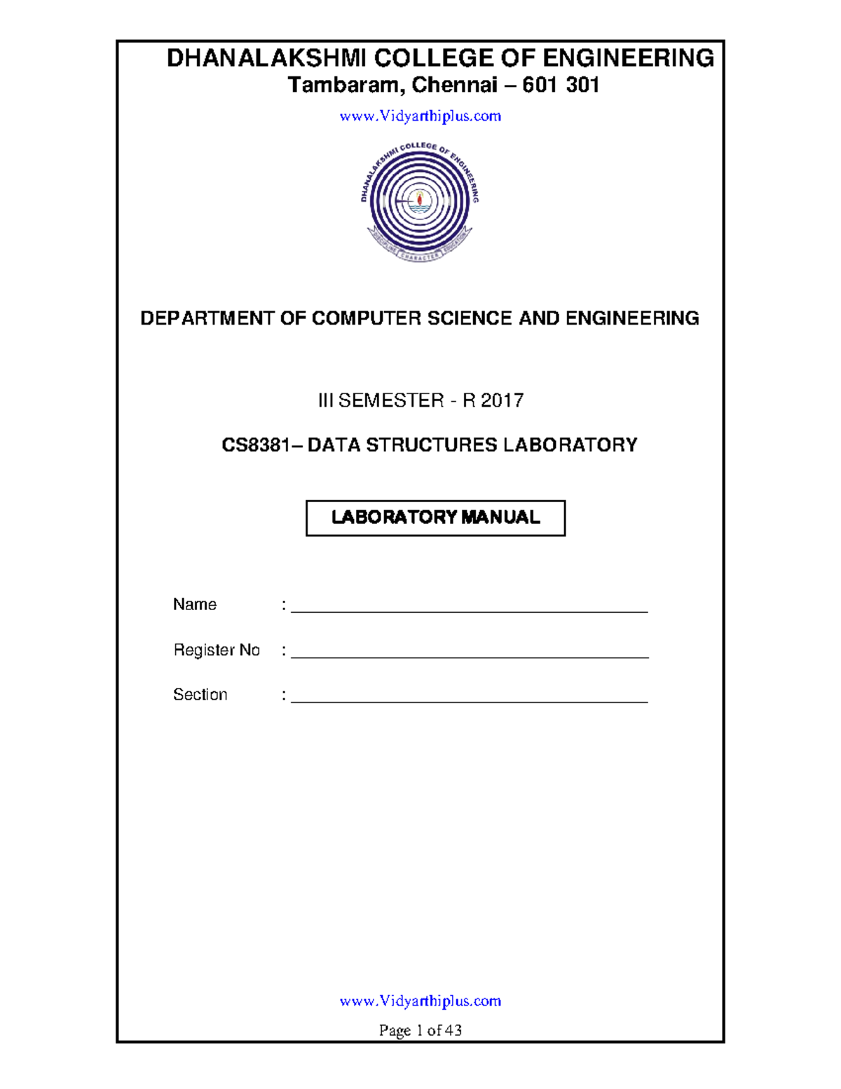 CS8381 DS Lab Manual - DHANALAKSHMI COLLEGE OF ENGINEERING Tambaram ...