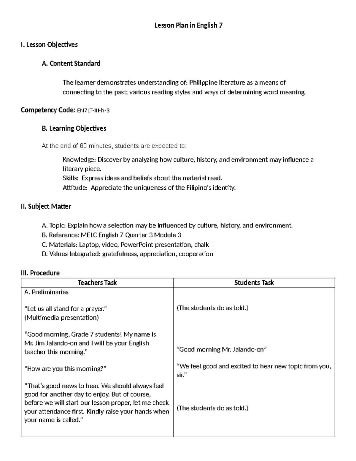 English 7 Sample Lesson Plan - Lesson Plan in English 7 I. Lesson ...