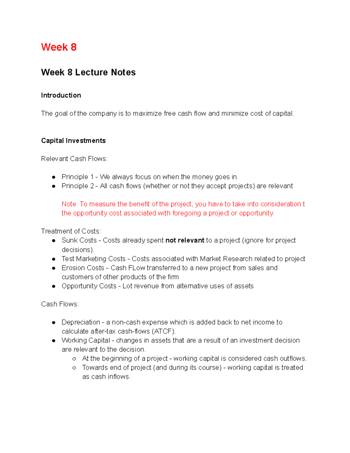 Finance Mgmt Notes - Week 2 - Week 8 Week 8 Lecture Notes Introduction ...