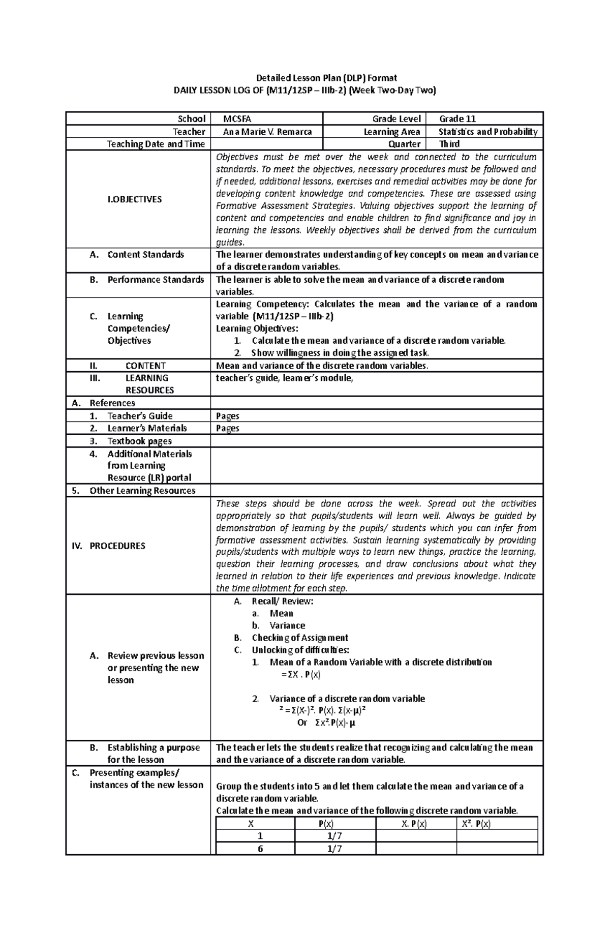 SP III-6 - lesson - Detailed Lesson Plan (DLP) Format DAILY LESSON LOG ...