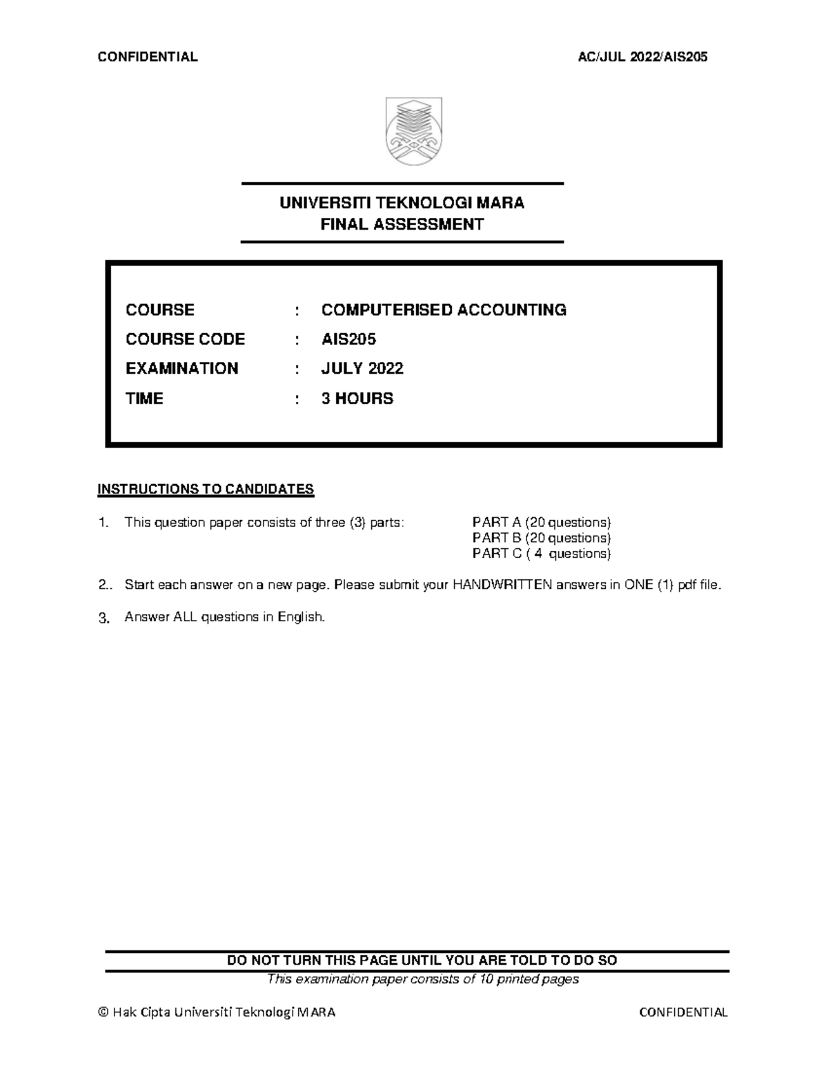 Final Assessment JULY 2022 - UNIVERSITI TEKNOLOGI MARA FINAL ASSESSMENT ...