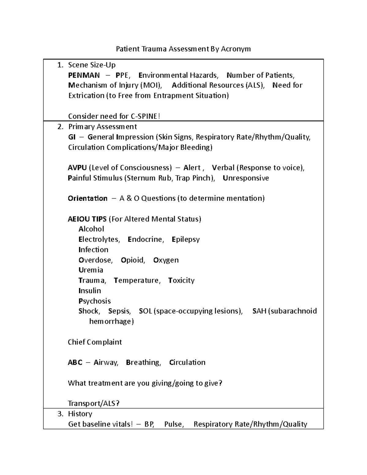 EMT Patient Trauma Assessment By Acronym PaƟent Trauma Assessment By