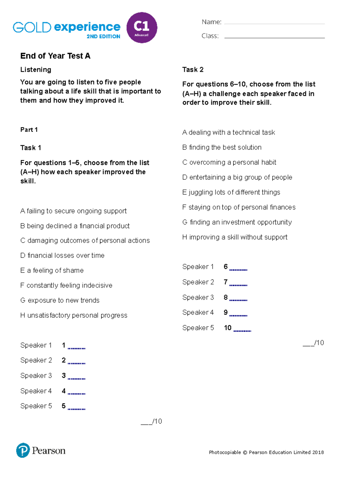 GoldExperienceC12ndeditionEndofYearTestMainTestA End of Year Test A Listening You