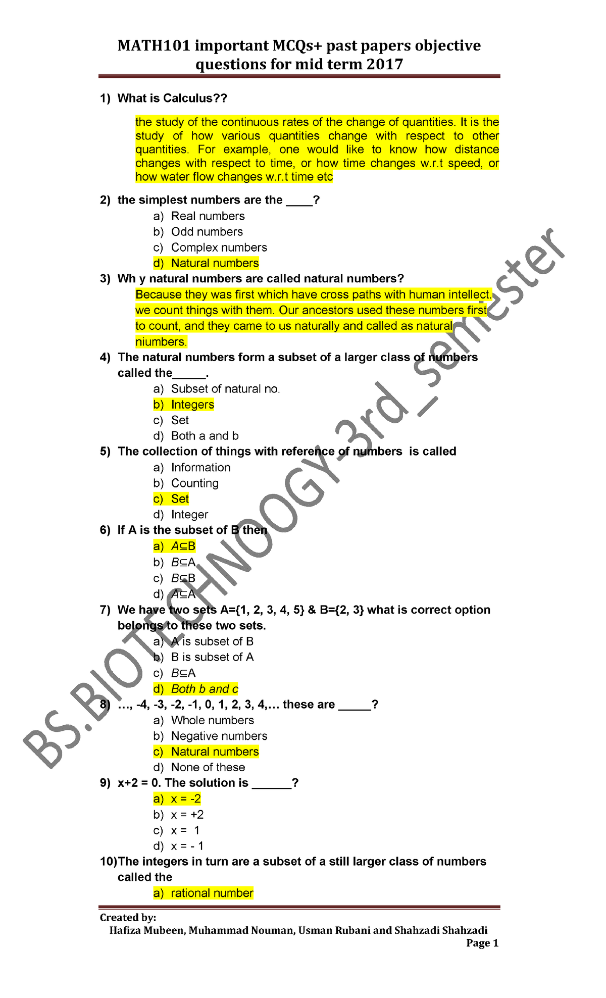 MTH101 Objective Notes Past Papers Solution For Mid Term - Computer ...