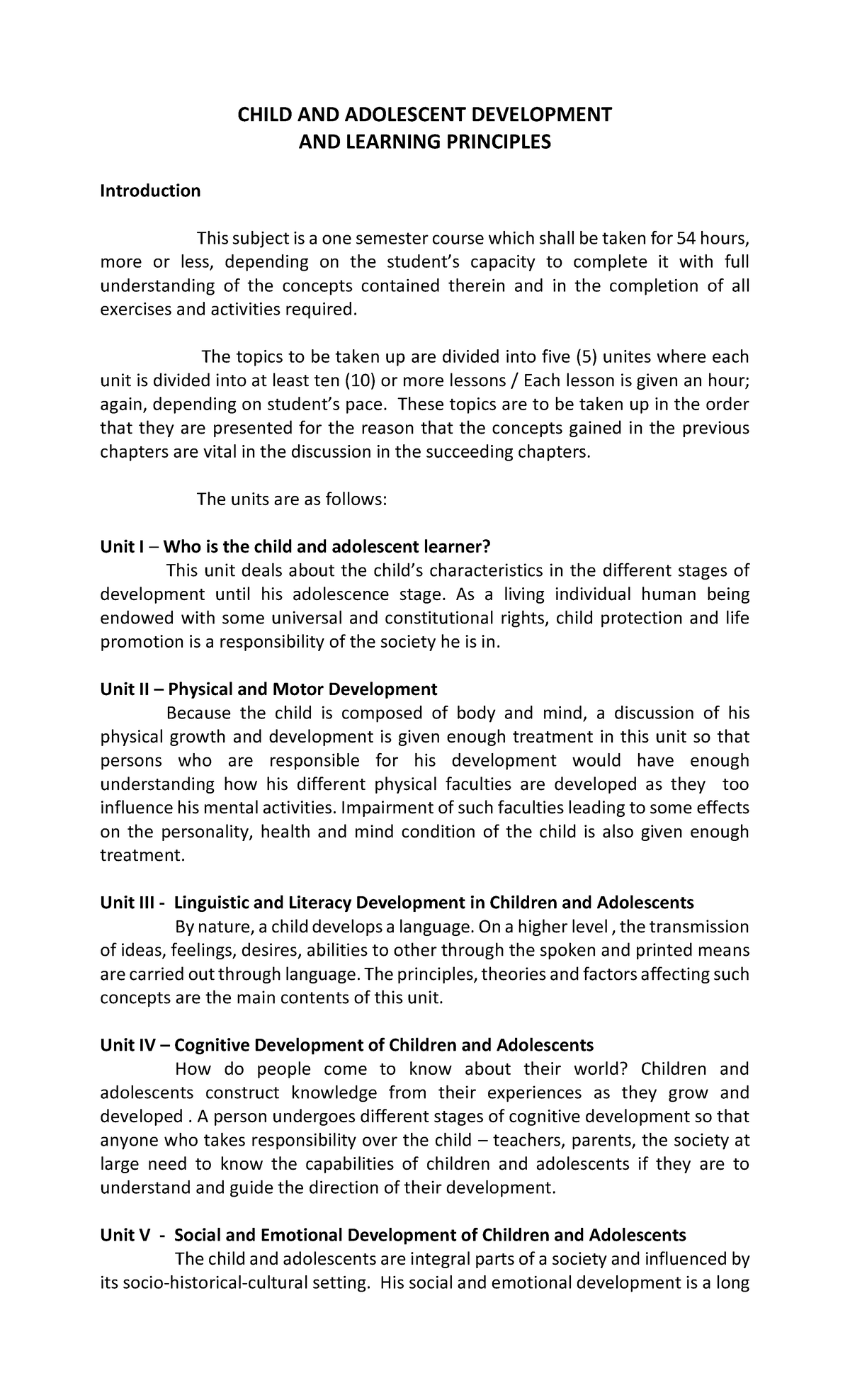 Child and adolescent lessons - CHILD AND ADOLESCENT DEVELOPMENT AND ...