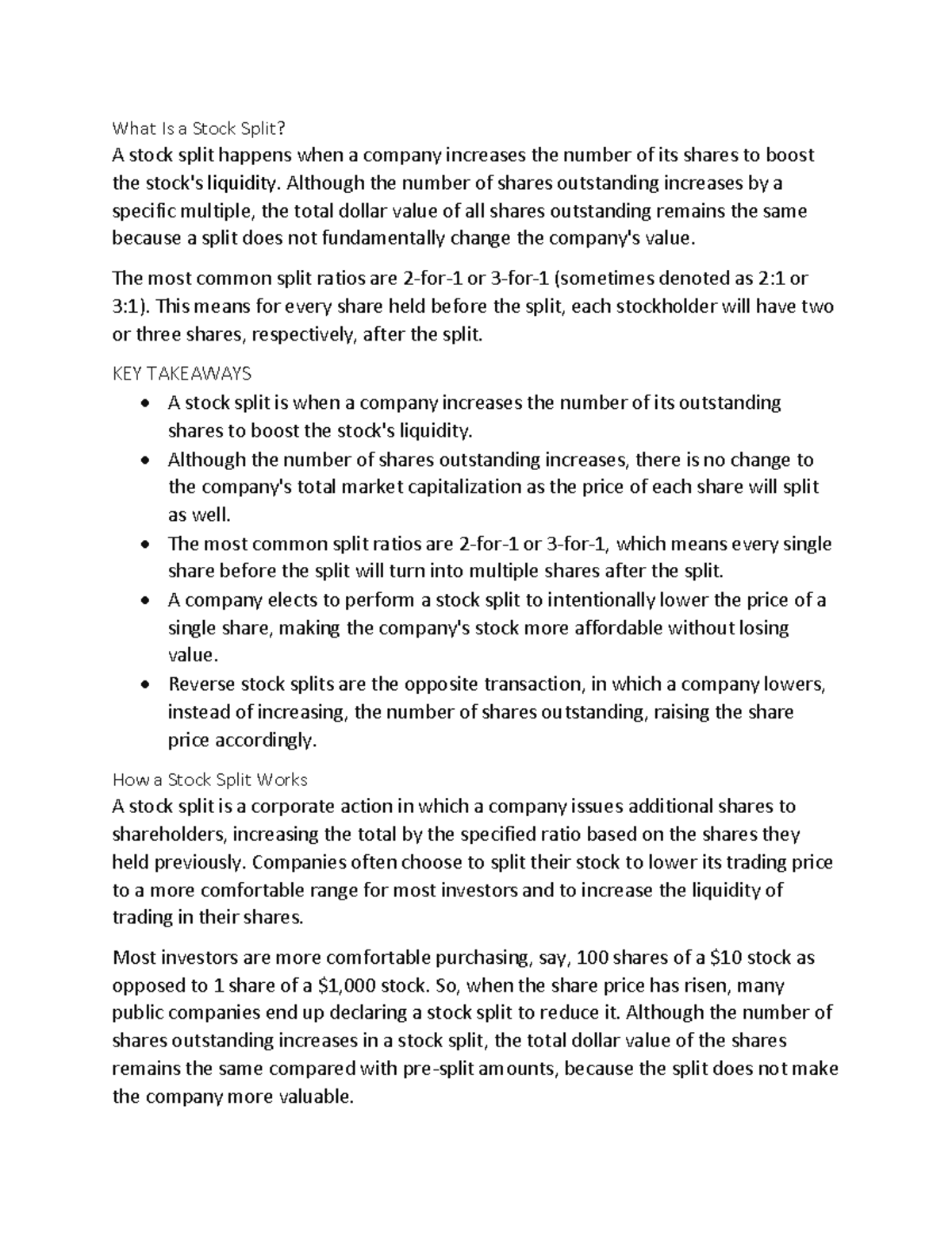 Stock Splits Lecture Notes What Is a Stock Split? A stock split