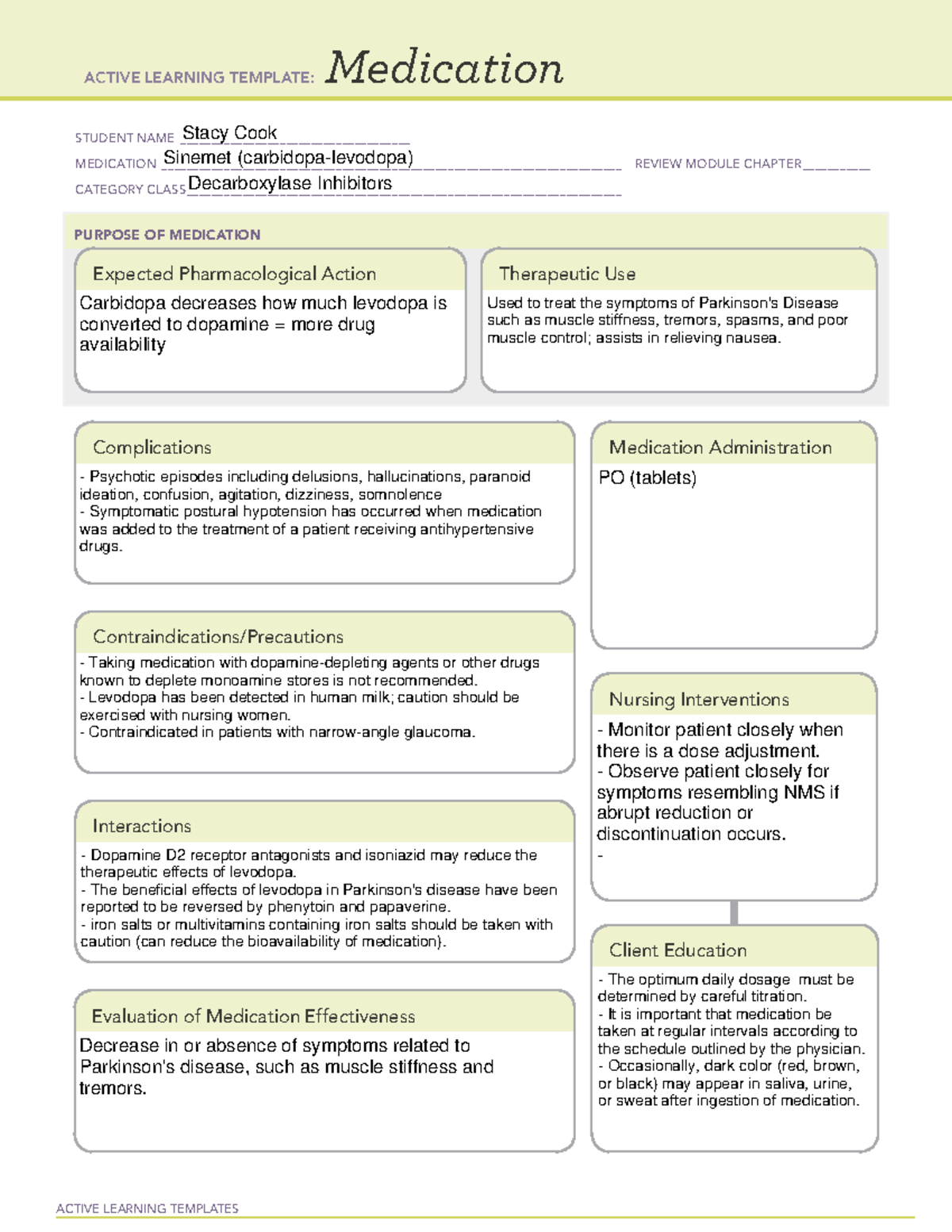 Medication Template- Parkinson's Meds (Sinemet) - ACTIVE LEARNING ...