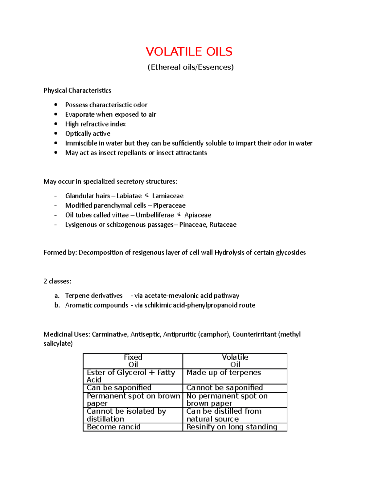 Pharmacognosy Notes Volatile Oils VOLATILE OILS (Ethereal oils