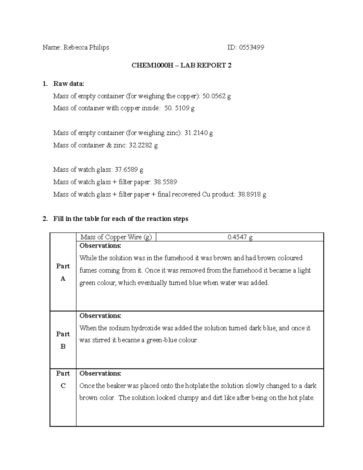 Chem Lab Report 2 - Name: Rebecca Philips ID: 0553499 CHEM1000H – LAB ...