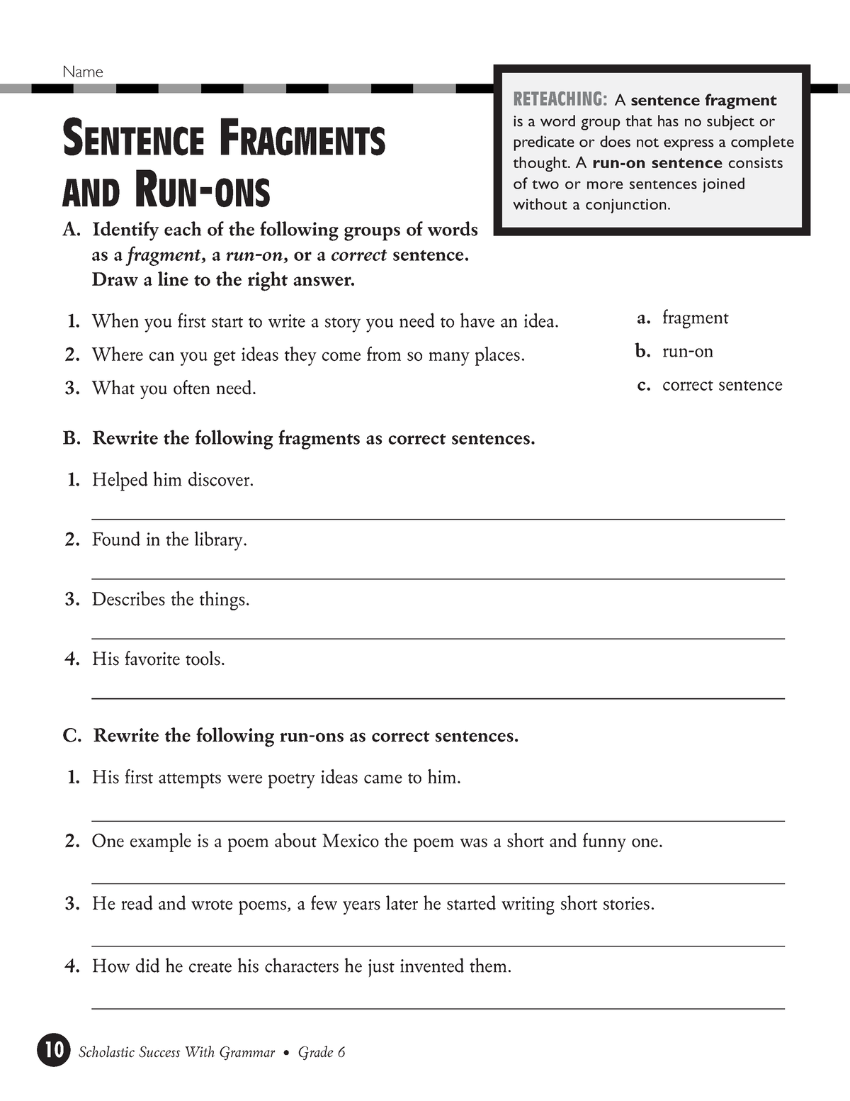 Fragments And Run On Sentences Quiz