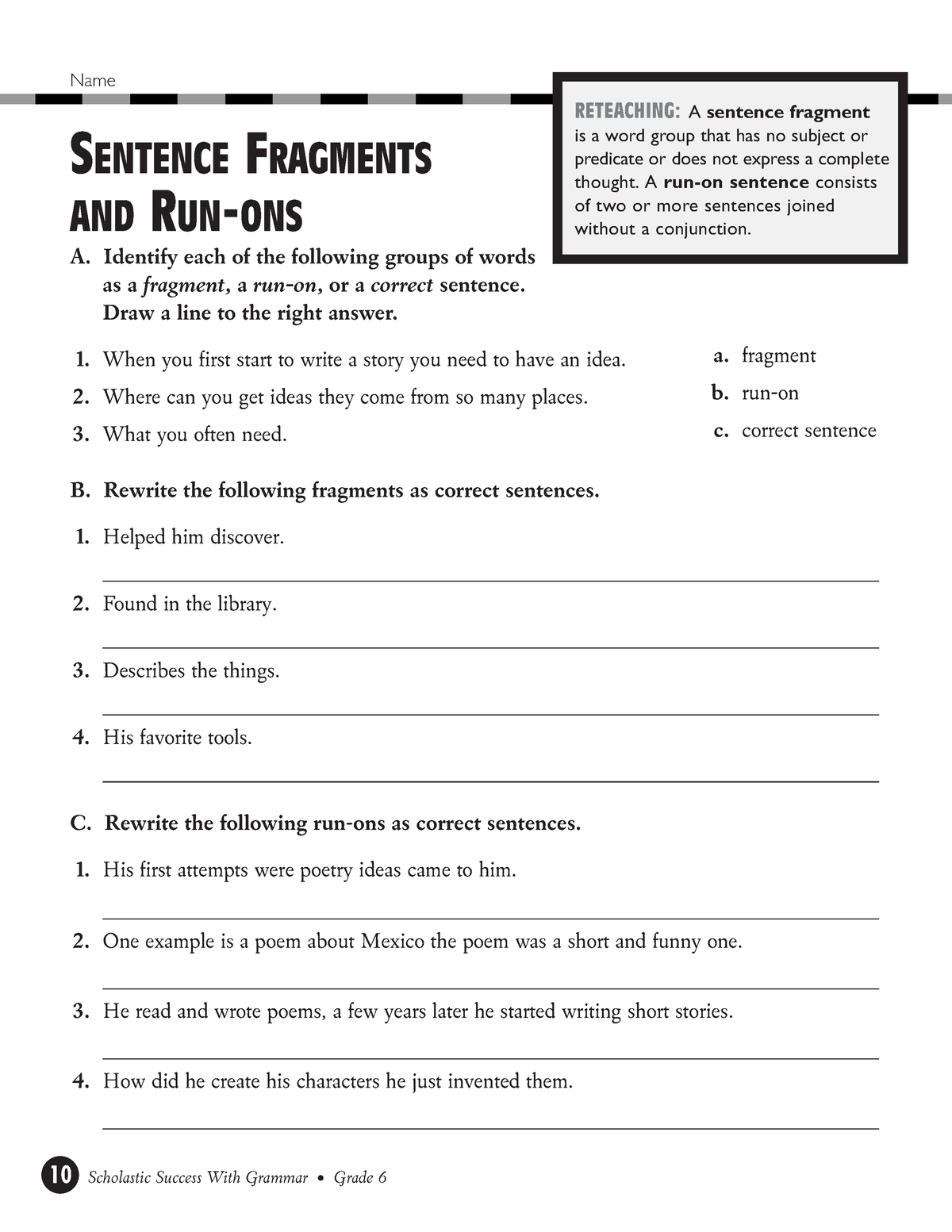 Sentences Run Ons Fragments Practice 3 Name SENTENCE FRAGMENTS AND 