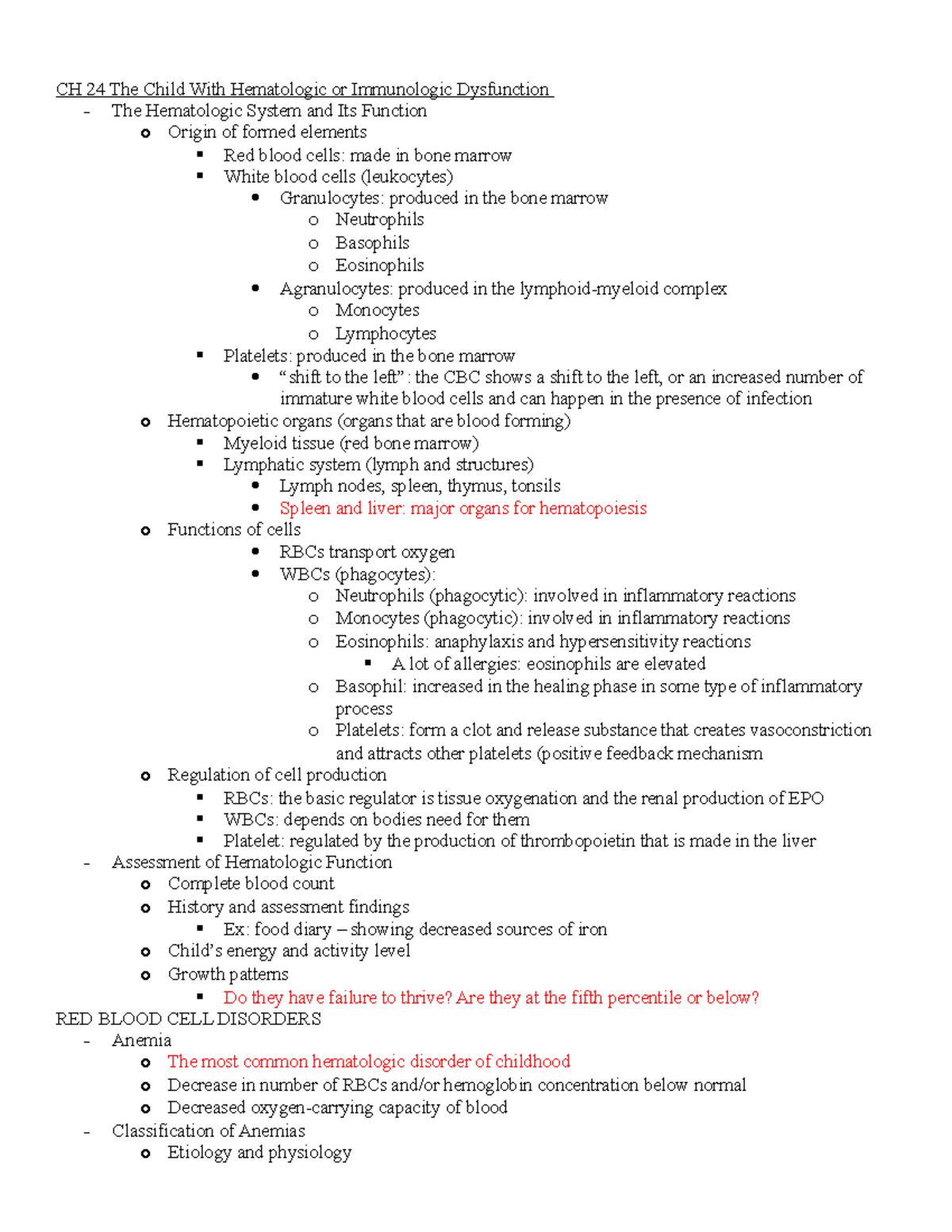 Peds Exam 3 - Peds Notes - CH 24 The Child With Hematologic or ...