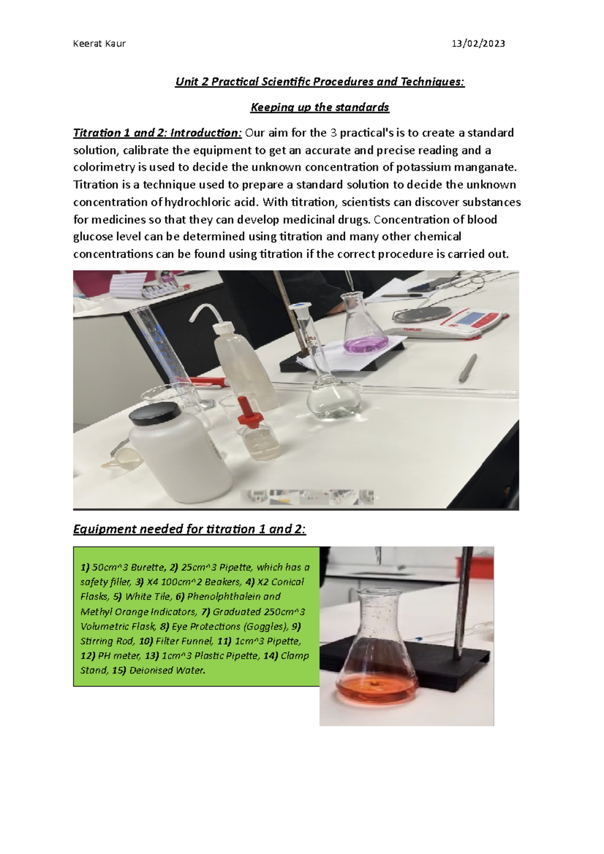Titration 1- Unit 2 - Unit 2 Practical Scientific Procedures and ...