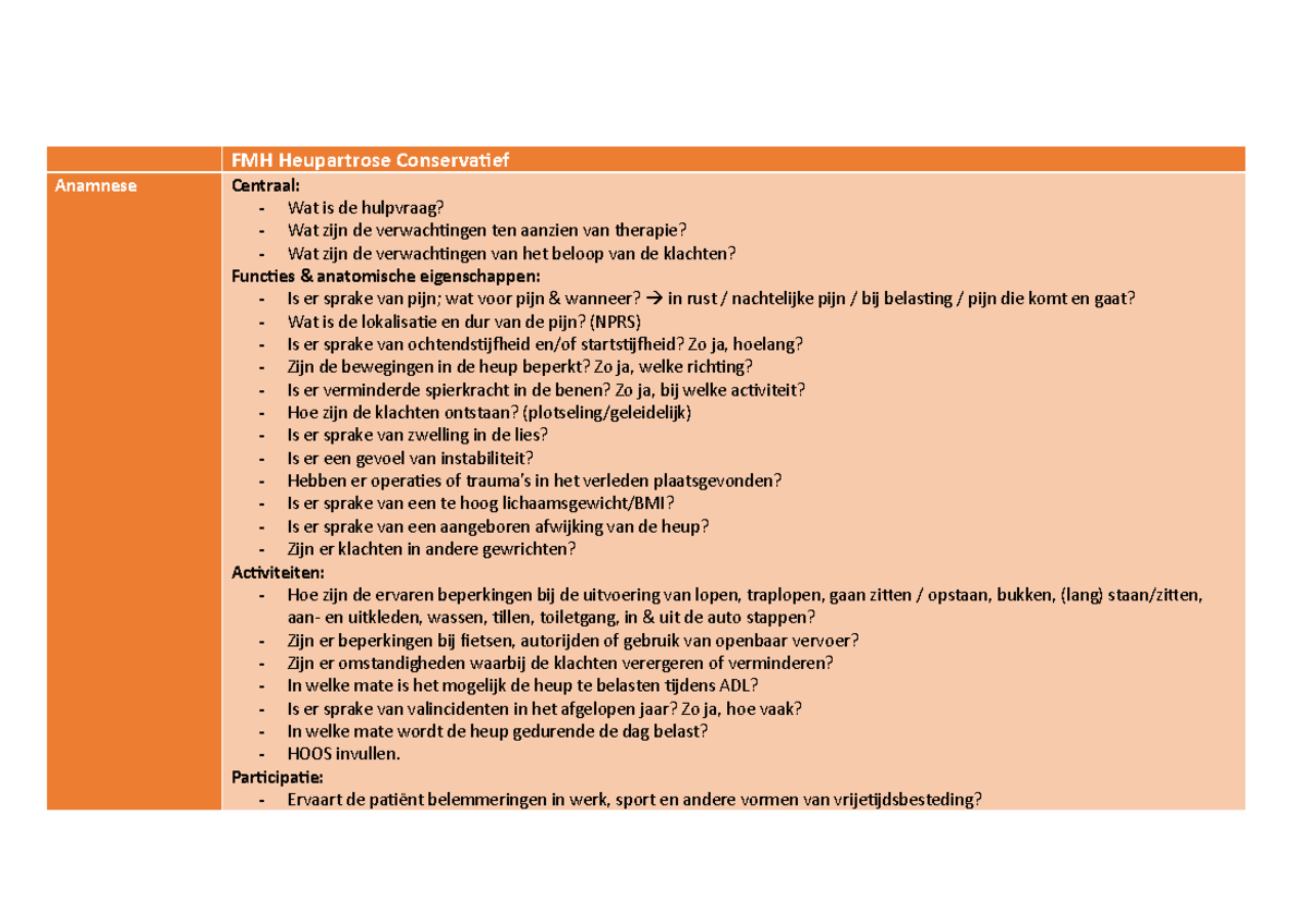 Fysiotgerapeutisch Methodisch Handelen van blok 1 - FMH Heupartrose