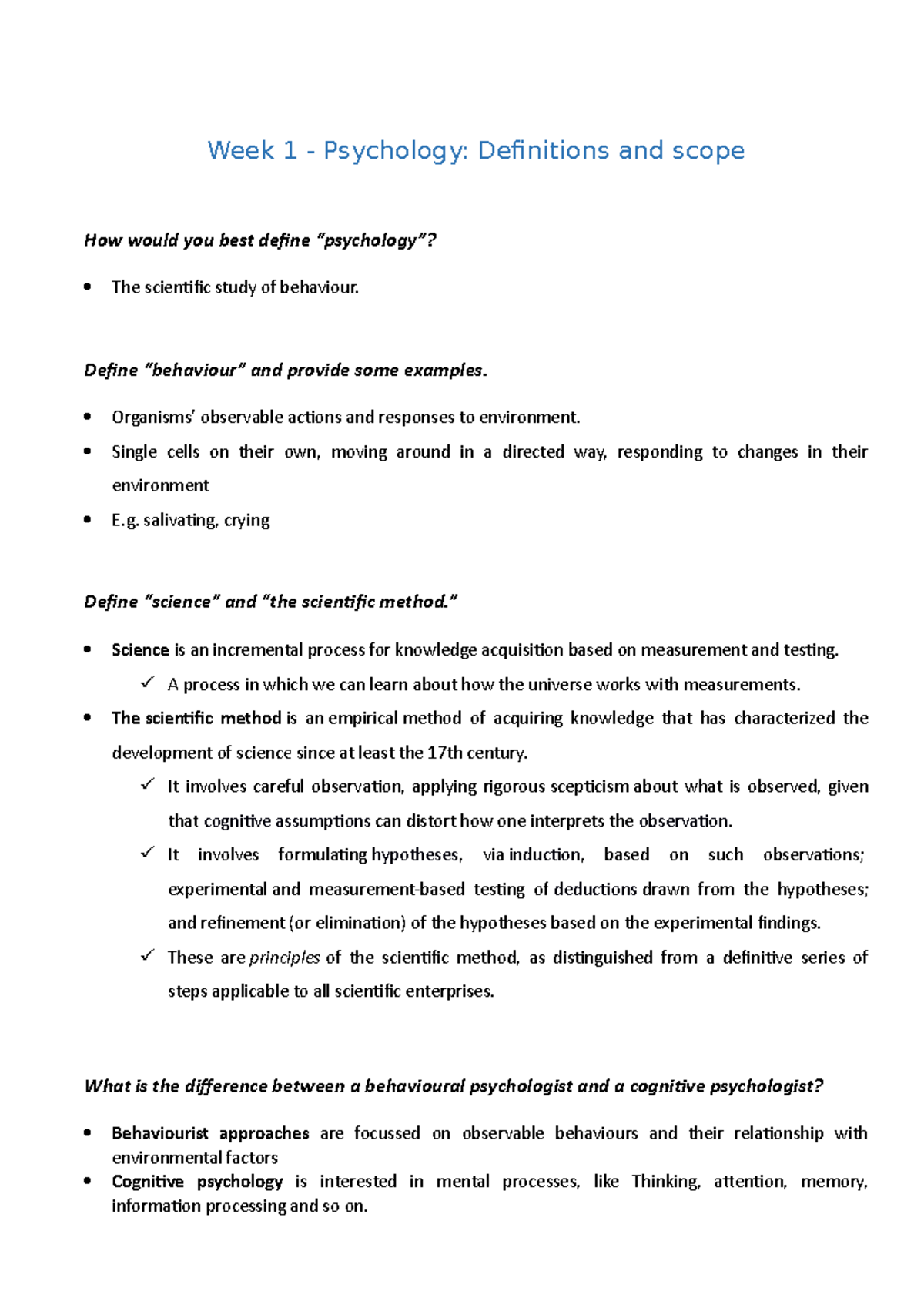 Focus Questions Week 1 - Week 1 - Psychology: Definitions and scope How ...