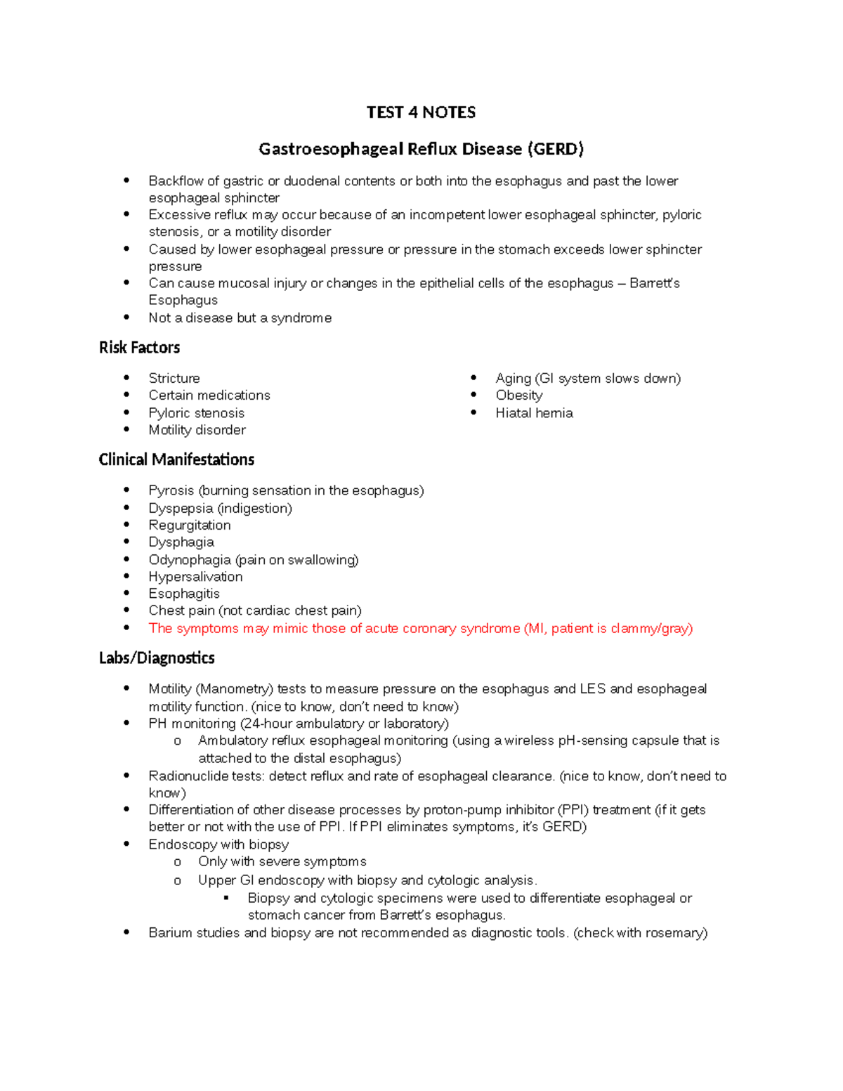 Notes Test 4 - Test 4 - TEST 4 NOTES Gastroesophageal Reflux Disease ...