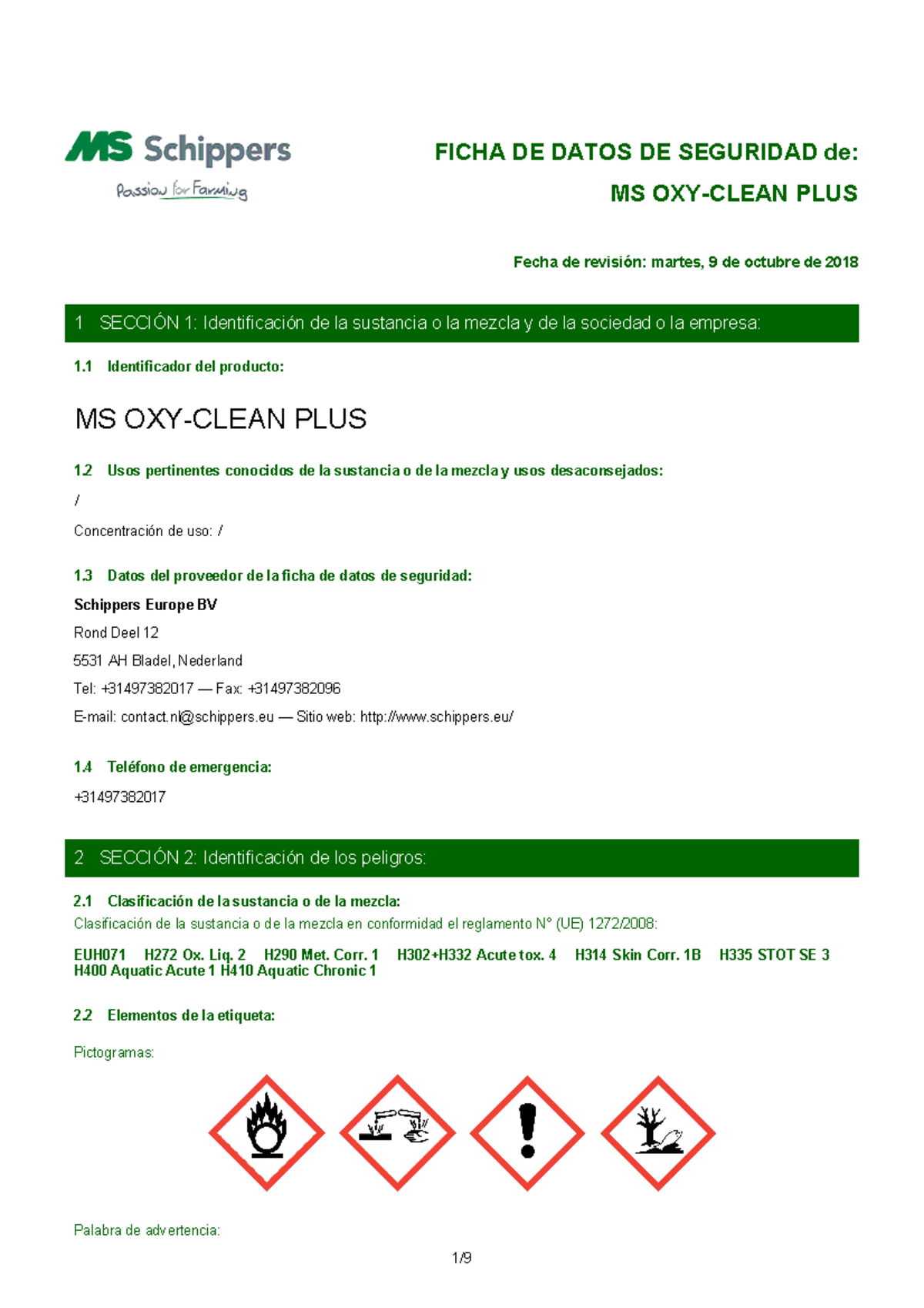 Oxiclean -MS OXY- Clean PLUS Msds es +31497382017 Ranges 2019 0623 ...