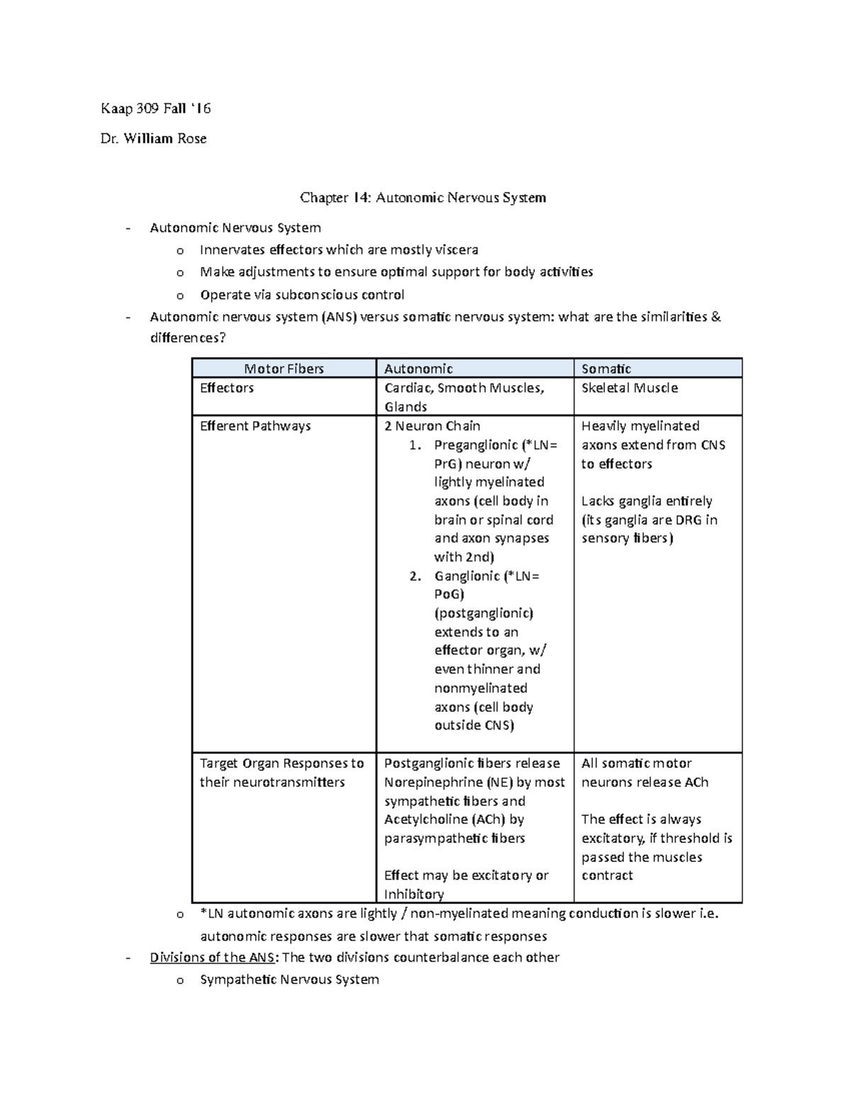 Ch 14 Autonomic Nervous System - Kaap 309 Fall ‘ Dr. William Rose ...