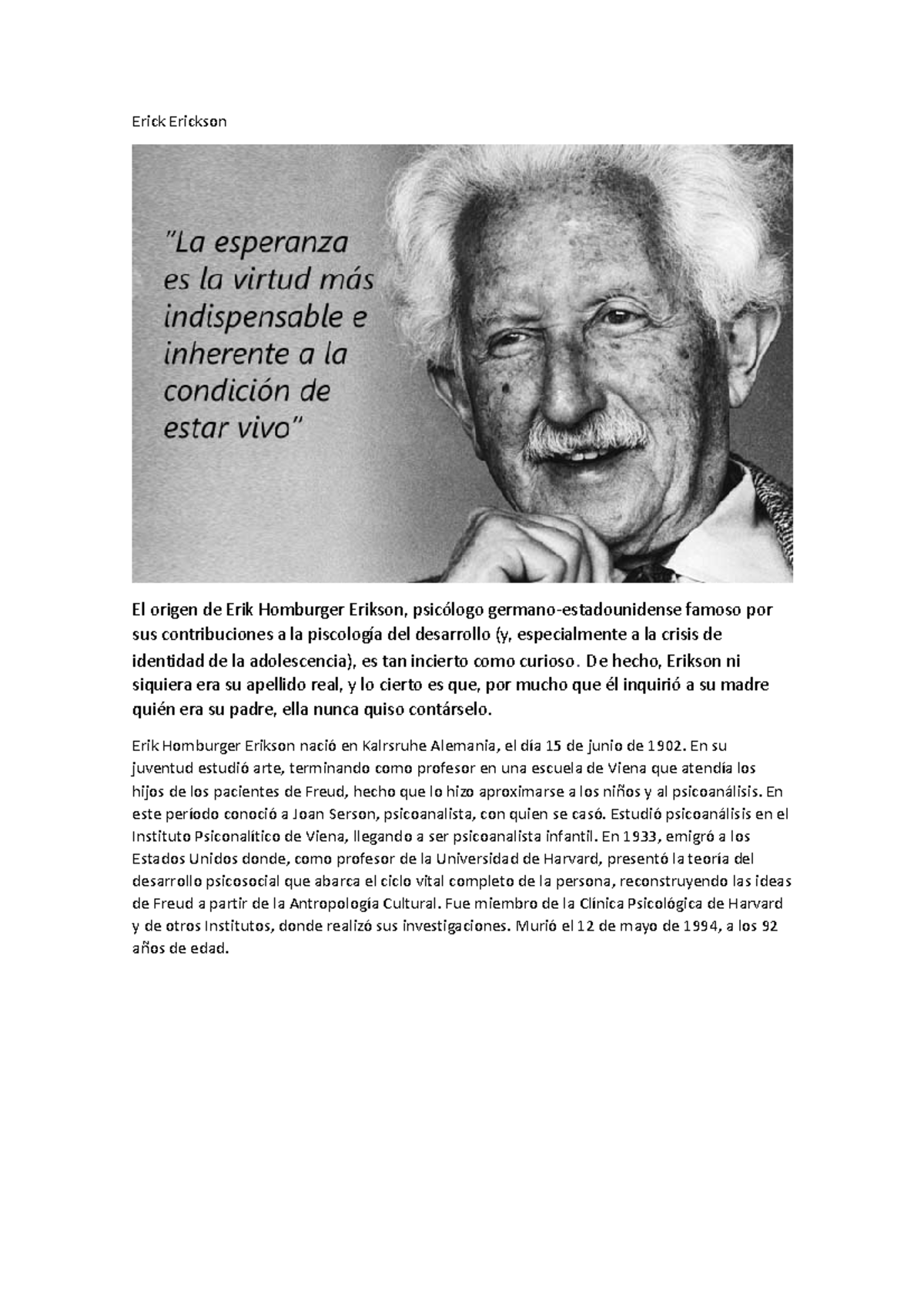 Erick Erickson biografía de Erik Erikson, desde su nacimiento, vida y