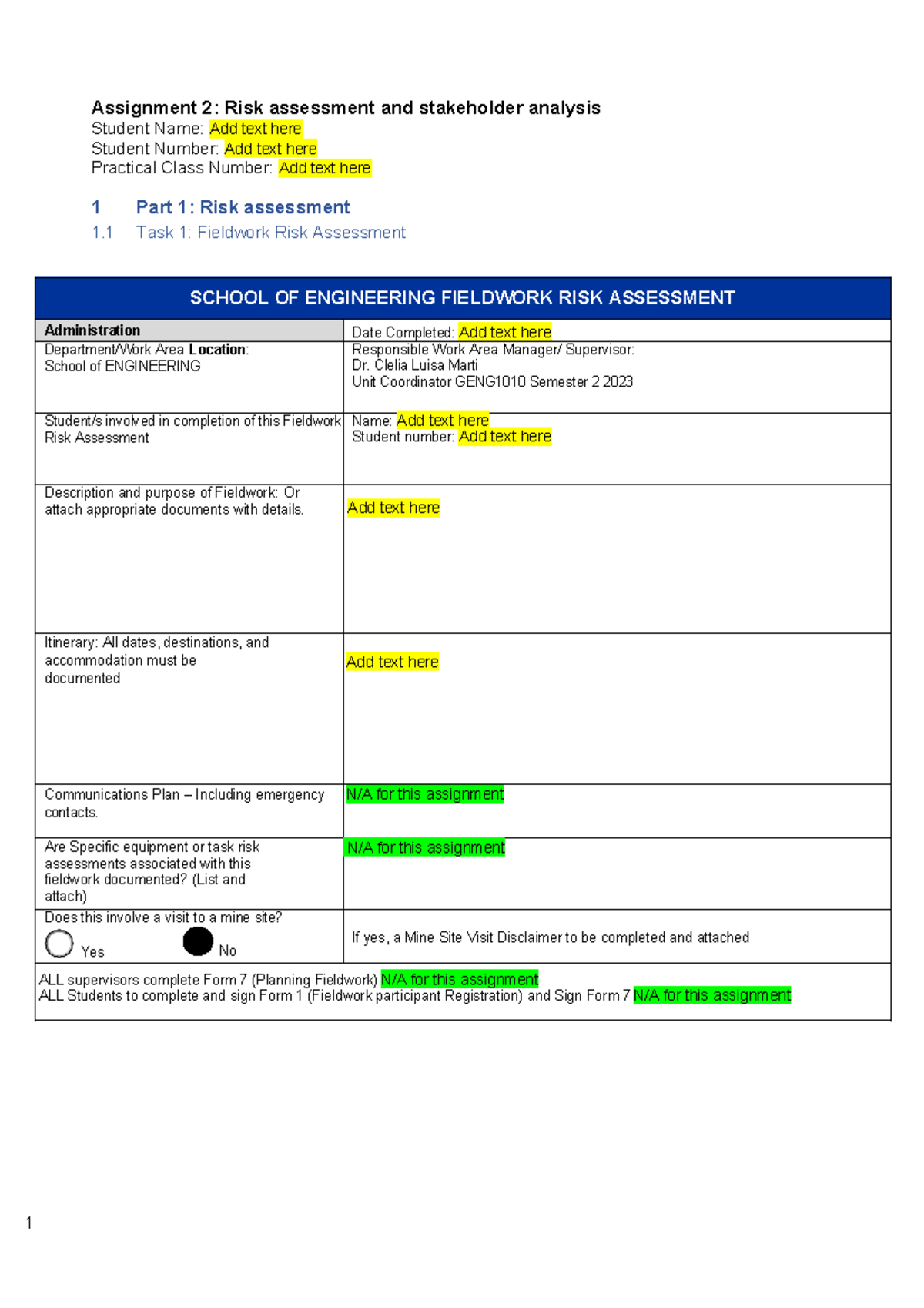 GENG1010 S2 2023 Assignment 2 template - Assignment 2: Risk assessment ...