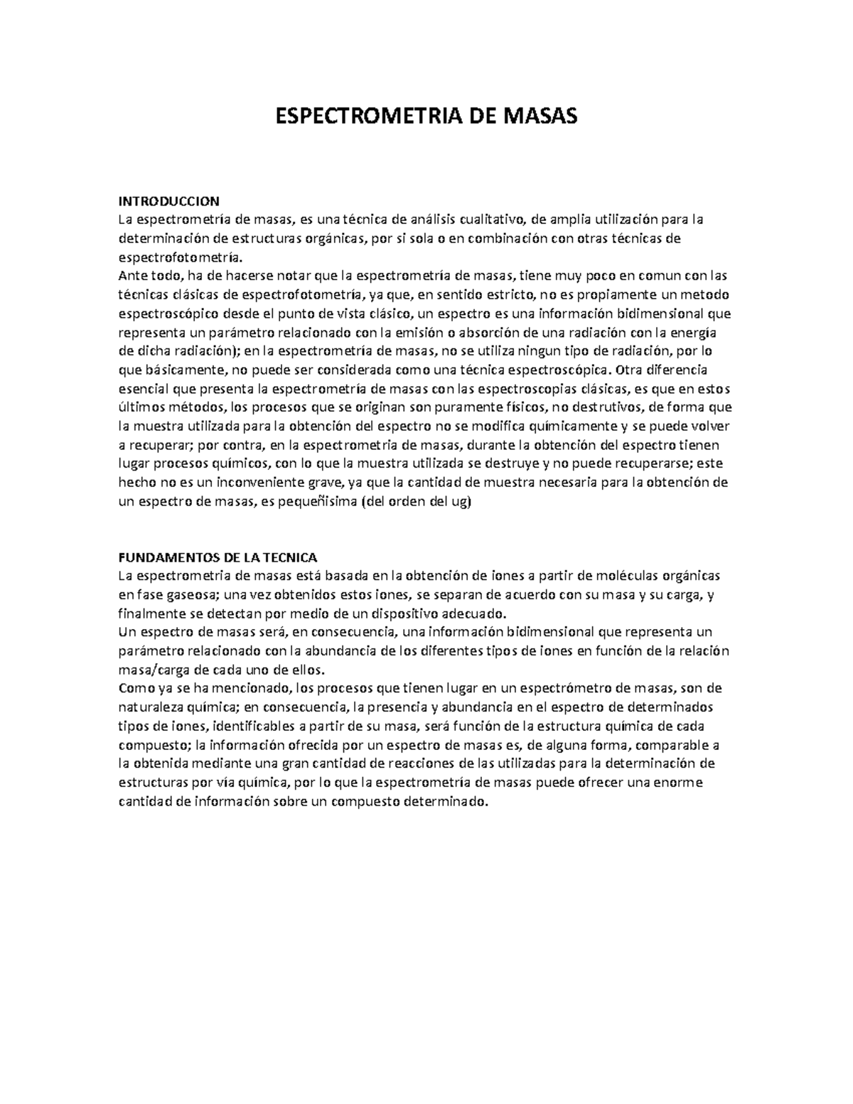 Proyecto foro de invetigacion - ESPECTROMETRIA DE MASAS INTRODUCCION La ...