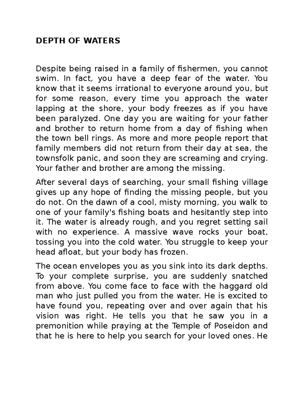 Depth Water LAB 37 Creative Writing 101 - DEPTH OF WATERS Despite being ...