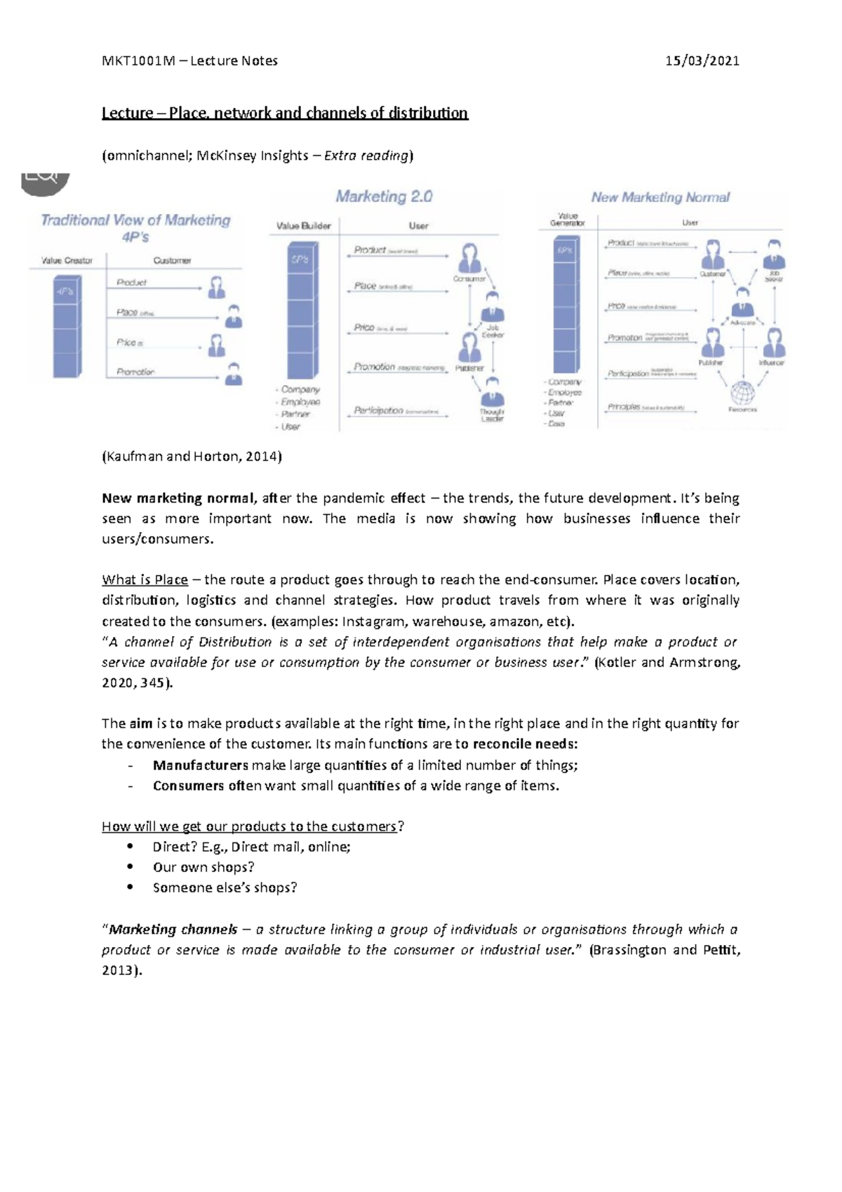 Lecture notes - Place, Network and Channels of Distribution - MKT1001M ...