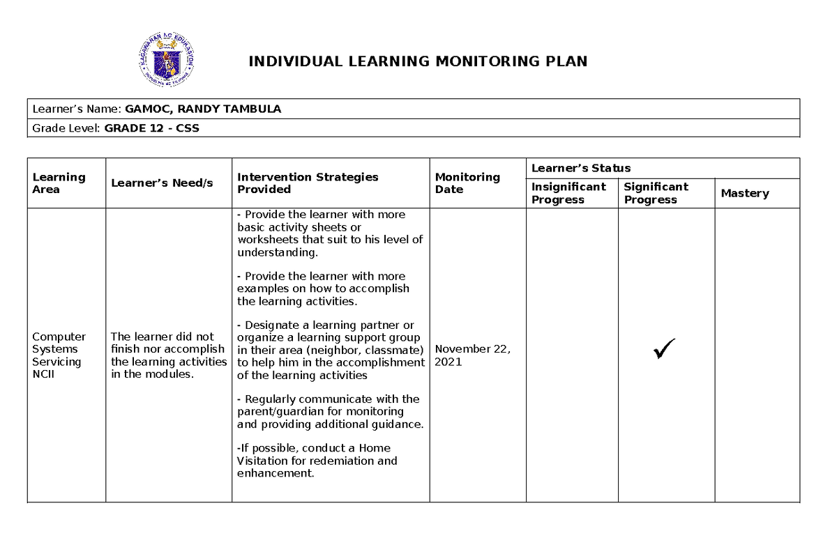 ILMP Sample - khjfgc - INDIVIDUAL LEARNING MONITORING PLAN Learner’s ...