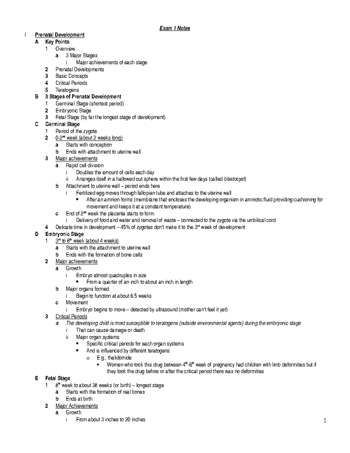 Final Exam - I Exam 1 Notes Prenatal Development A Key Points 1 ...