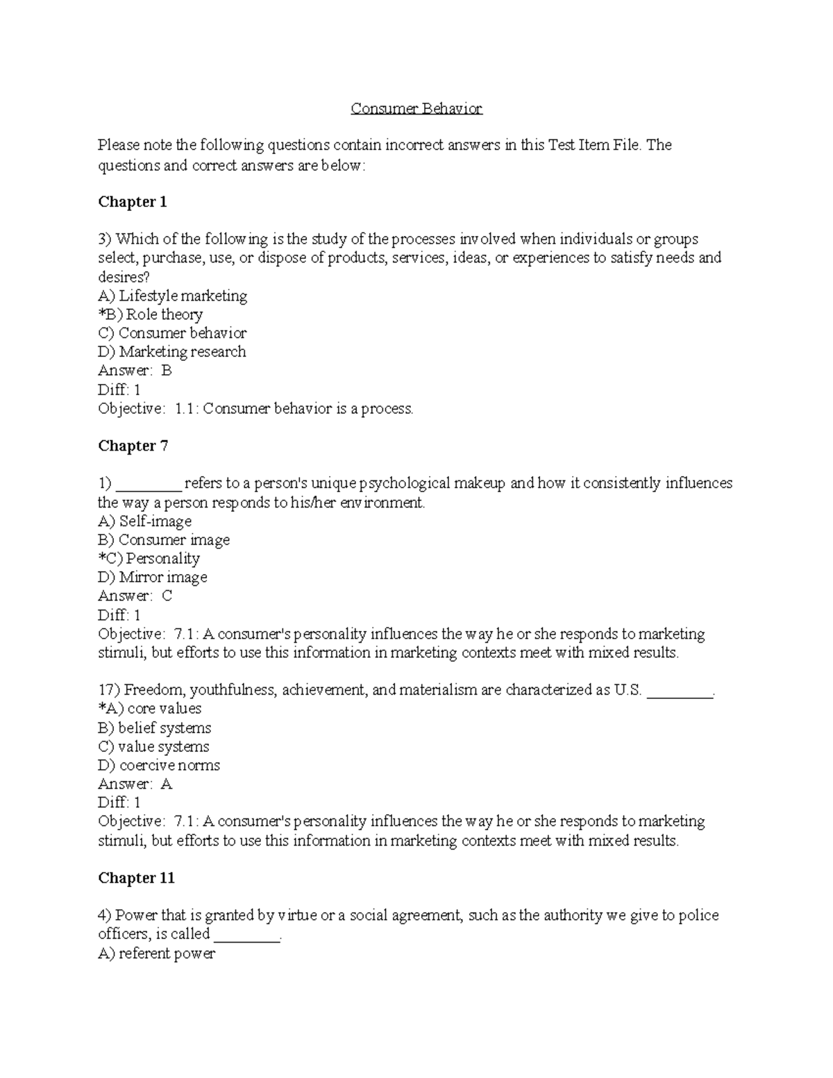 Consumer Behvaiour: Corrected Answers to Multiple Choice Questions ...
