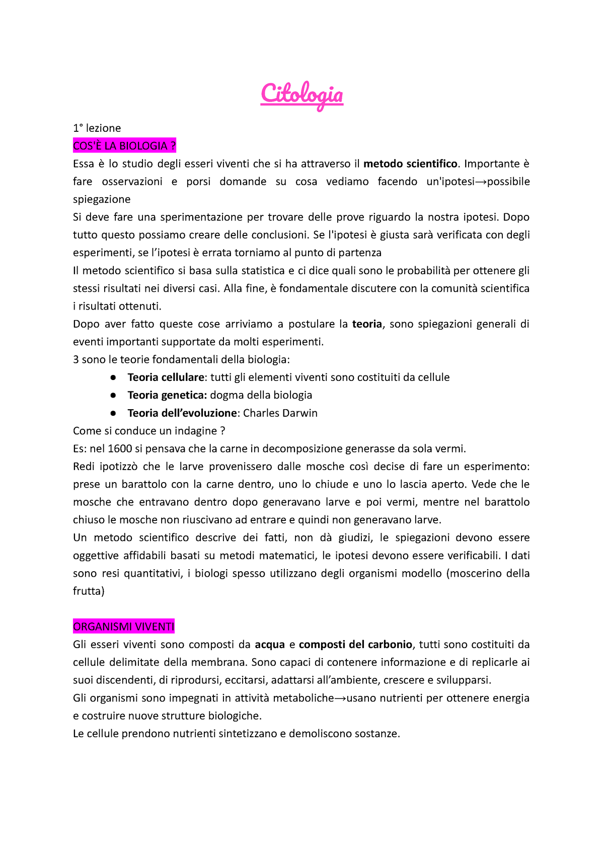 Citologia - Citologi 1° Lezione COS'È LA BIOLOGIA? Essa è Lo Studio ...