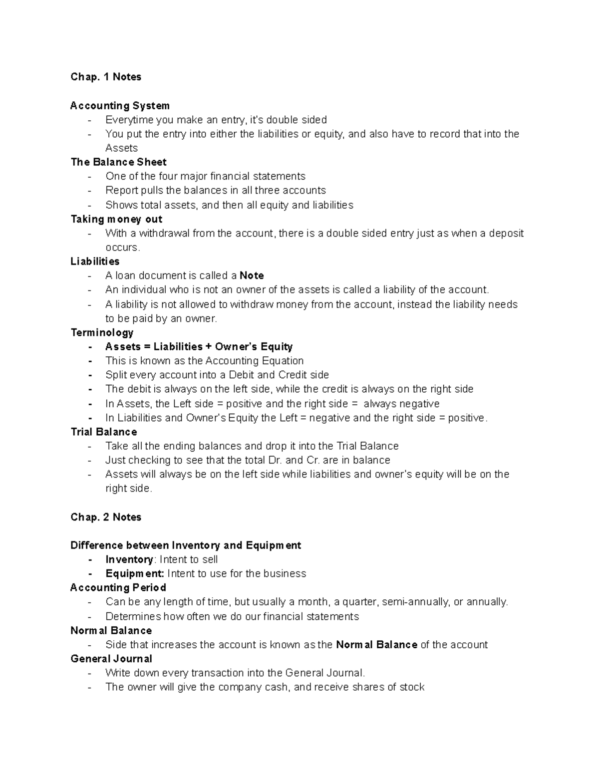 ACC 221 Notes 1 26 22 - Lecture 1/26/22 - Killy - Chap. 1 Notes ...