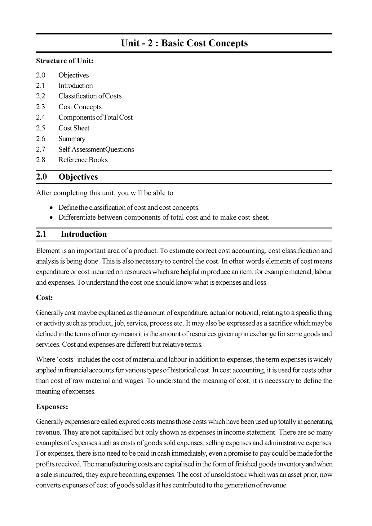 Lecture Notes - Unit - 2 : Basic Cost Concepts Structure of Unit: 2 ...