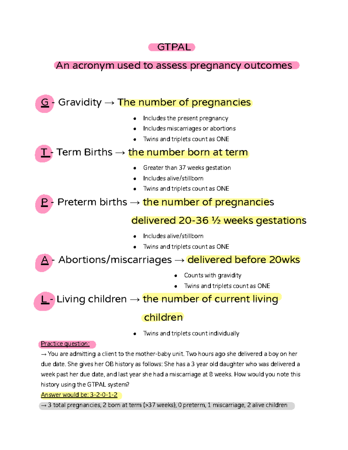 Gtpal - maternity - Acronym - GTPAL An acronym used to assess pregnancy ...