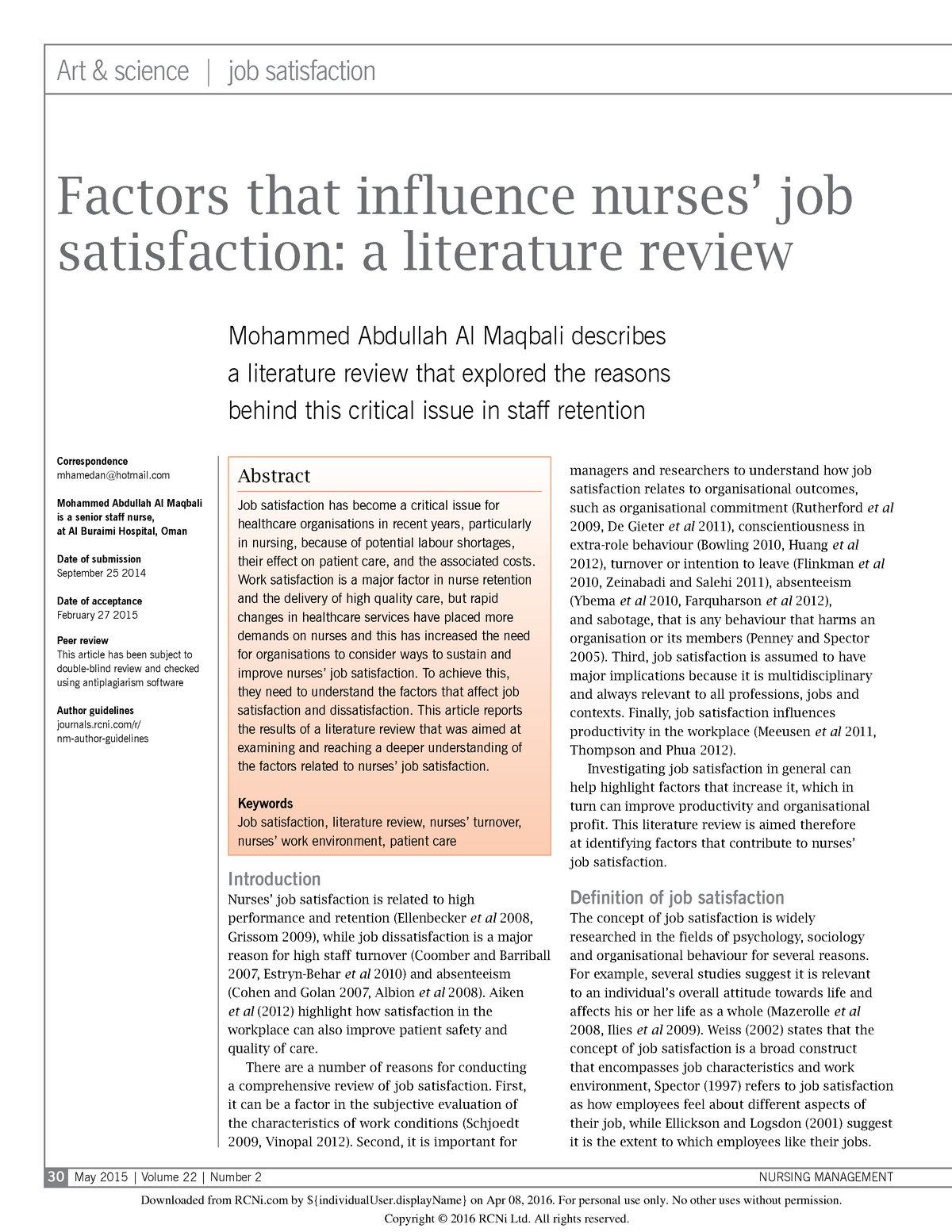 job satisfaction among hospital nurses a literature review