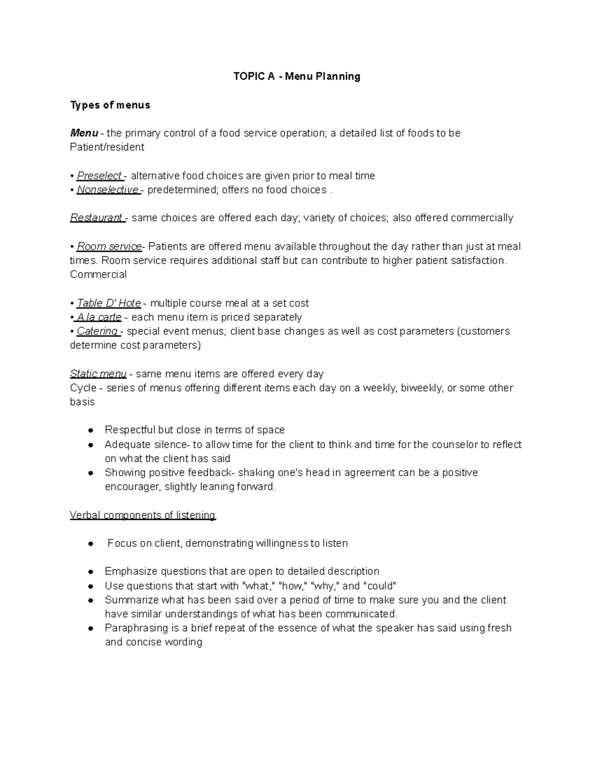Food service systems in review TOPIC A Menu Planning Types of menus