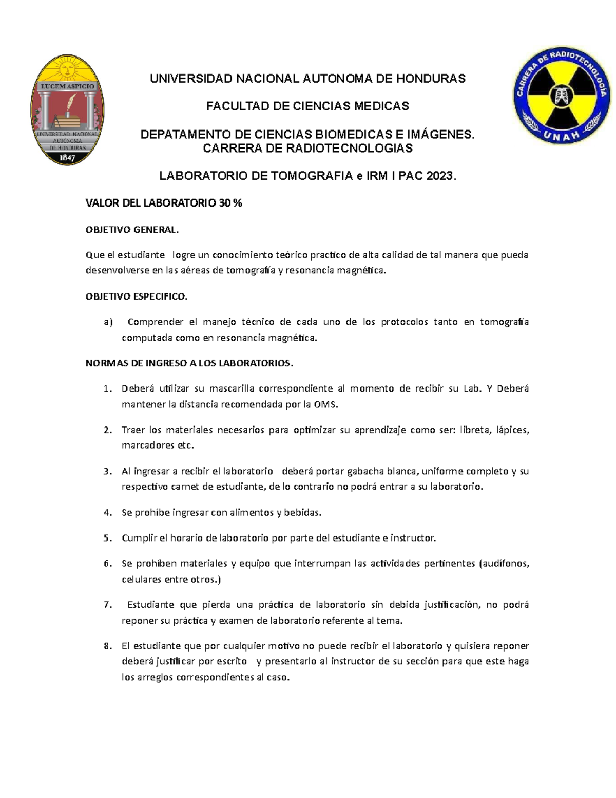 Programación De Laboratorios De Tac Irm I Pac 2023 Universidad Nacional Autonoma De Honduras 2309